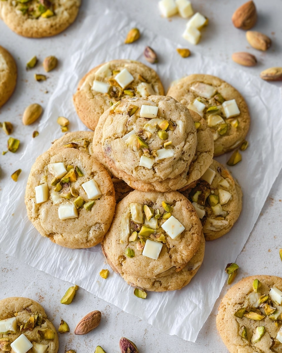 A pile of soft, round cookies sits on white parchment paper over a white marbled surface. Each cookie has a light golden-brown color with a slightly cracked texture. On top, there are small pieces of white chunks and green-yellow pistachio nuts scattered unevenly. Around the cookies, extra pistachios and white chunks are spread in small groups. The scene looks bright and inviting. photo taken with an iphone --ar 4:5 --v 7