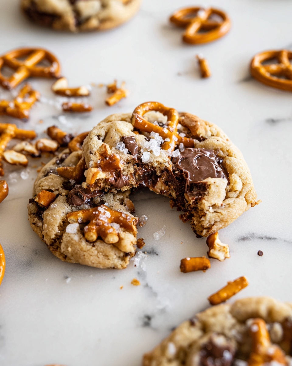 A close-up view of a thick, soft cookie broken to show melted milk chocolate inside, mixed with crunchy golden-brown pretzel pieces throughout the dough, with tiny sea salt crystals on top, all resting on a white marbled surface with more pretzel pieces scattered around. photo taken with an iphone --ar 4:5 --v 7