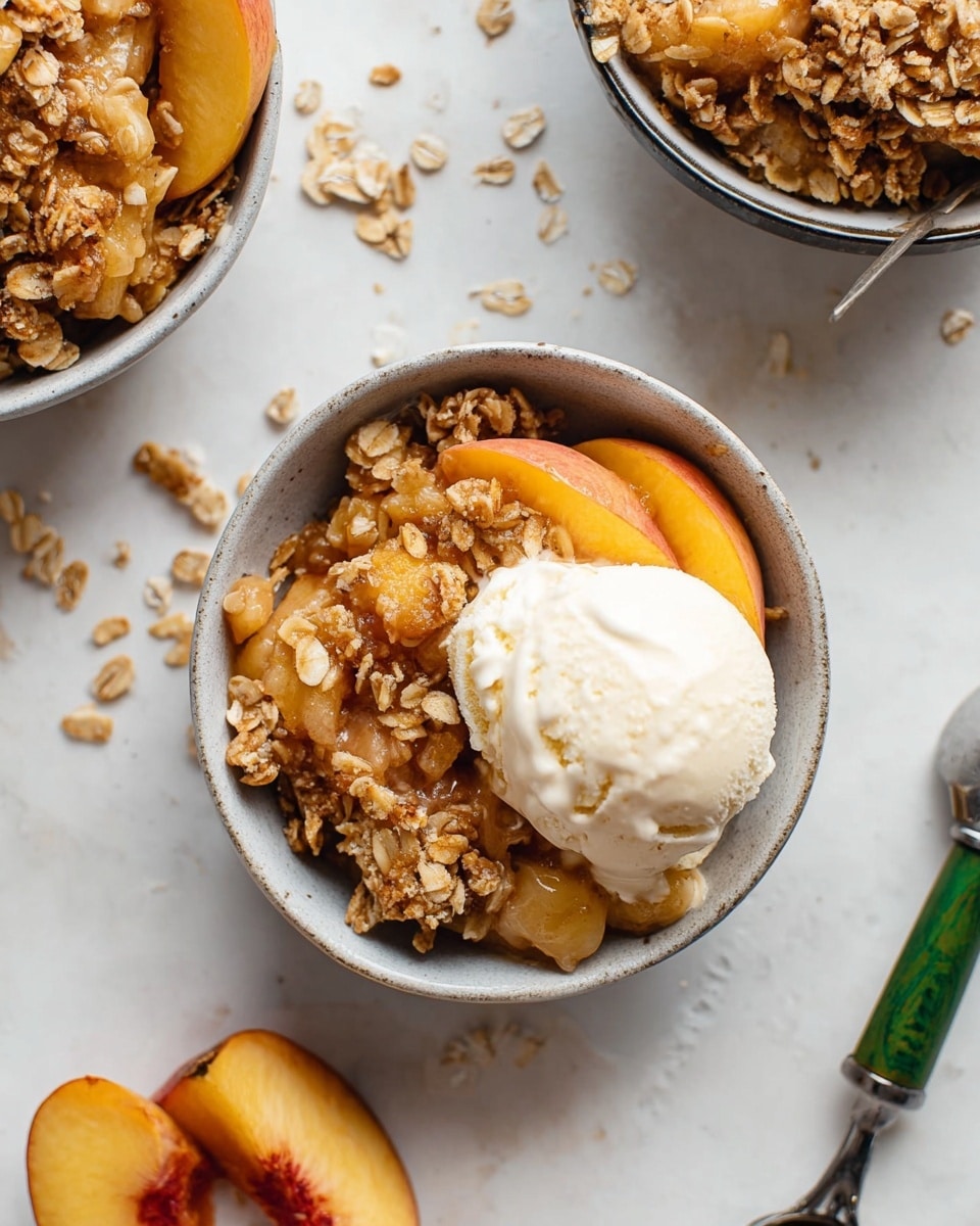 A small light gray bowl holds two layers: the bottom layer is a chunky mixture of baked peach slices with a golden-brown oat crumble topping that looks crispy and textured, filling the bowl almost to the top. On top is a large scoop of creamy, off-white vanilla ice cream, slightly melting over the warm crumble. Around the bowls are scattered oat pieces, peach slices, and an old metal ice cream scooper with a green handle resting on a white marbled surface. Photo taken with an iphone --ar 4:5 --v 7