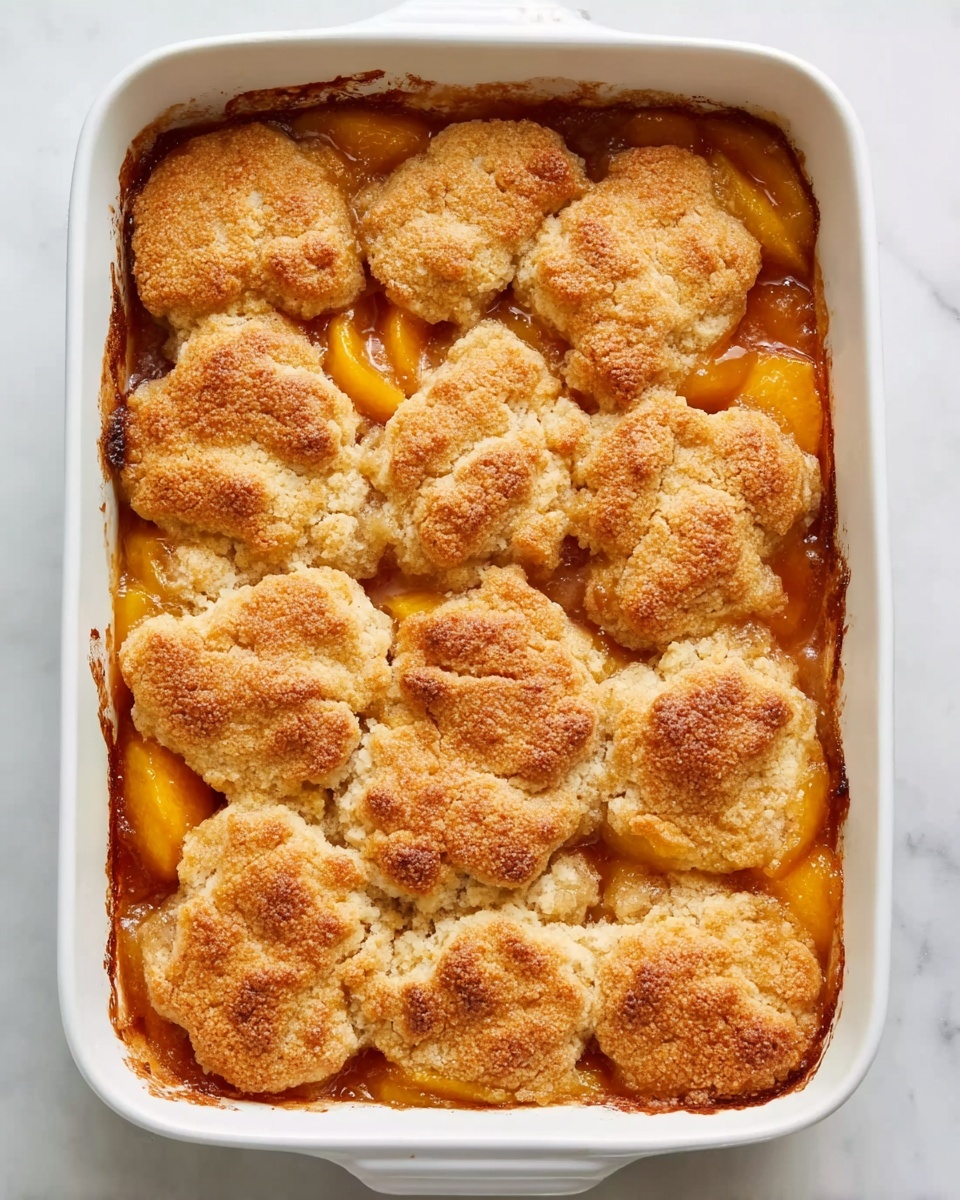 The image shows a white rectangular baking dish filled with peach cobbler. The dish has two main layers: a bottom layer of soft peach pieces in syrup, golden orange and slightly glossy, partially visible around the edges; and a top layer of irregular golden brown biscuit dough pieces arranged closely, with a rough texture and some darker browned spots. The dish sits on a white marbled surface. photo taken with an iphone --ar 4:5 --v 7