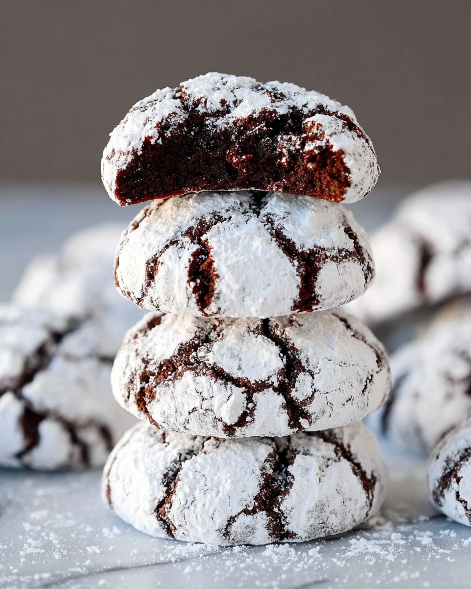 A close-up of a single cracked chocolate cookie with a bite taken out from the front, showing its moist, dark brown interior; the cookie's top is covered with a layer of white powdered sugar that highlights the cracked texture, with more powdered sugar scattered around on a white marbled surface; in the blurred background, several whole cookies with the same cracked, powdered sugar topping are visible. photo taken with an iphone --ar 4:5 --v 7