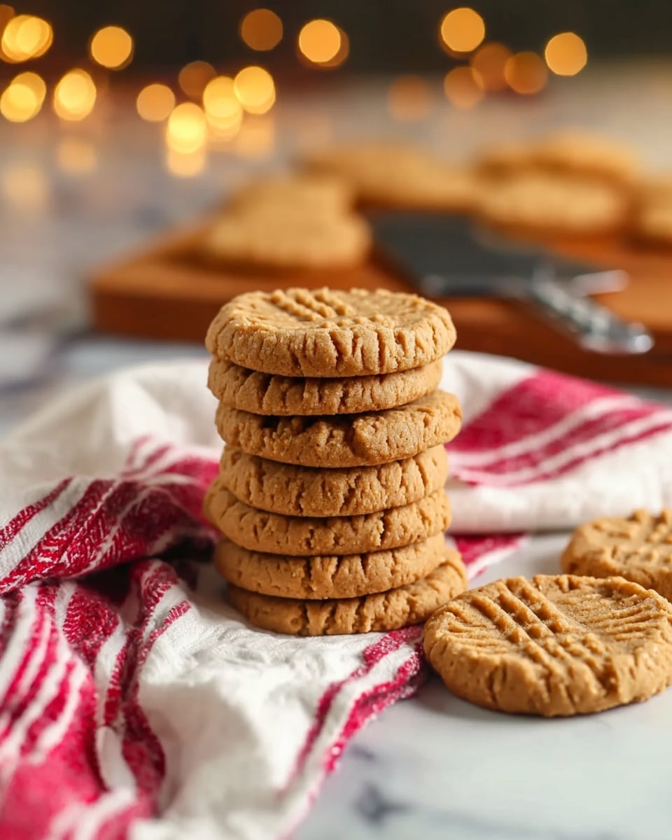 Erdnussbutter-Kekse mit 3 Zutaten: Einfacher und zäher Genuss 1 Eine Gruppe von runden, hellbraunen Erdnussbutterkeksen, die eng in einer gestaffelten Reihe auf einer weiß marmorierten Oberfläche angeordnet sind, wobei jeder Keks ein klares, kreuz und quer verlaufendes Gabelmuster aufweist, das in die Oberseite gedrückt ist und ihnen ein strukturiertes Aussehen verleiht. Die Kekse sehen weich aus mit leicht rauen Rändern und werden durch ein gefaltetes weißes Tuch mit dahinter drapierten roten Streifen ergänzt. Foto aufgenommen mit einem iPhone --AR 4:5 --V 7