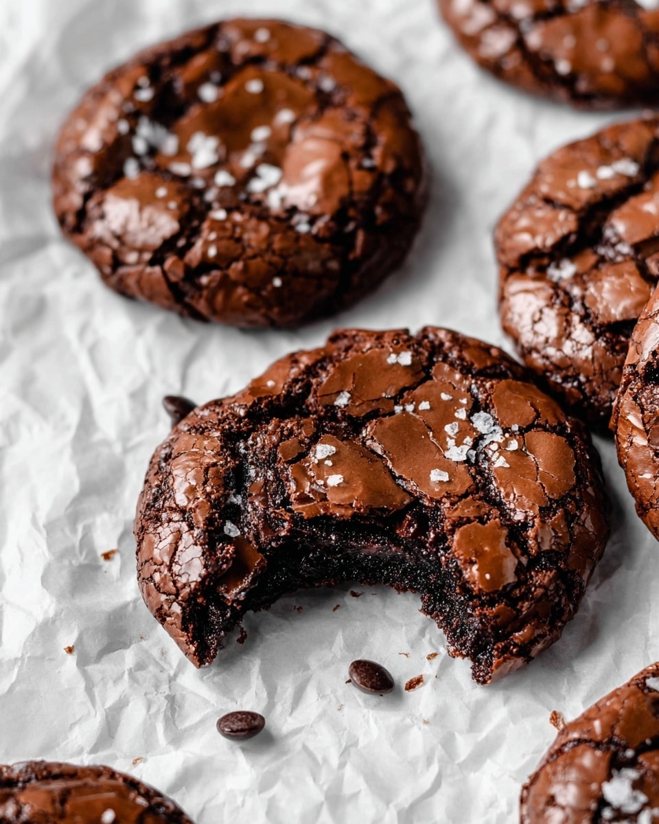 The image shows several round, thick chocolate cookies with a shiny, cracked top layer that looks crispy. One cookie in the middle is broken open, revealing a very dark, soft, and moist inside. The cookies are on crumpled white paper over a white marbled surface, with some chocolate chips and small salt flakes sprinkled on and around them, adding texture and a bit of shine. The colors range from deep dark brown inside to medium brown on the cracked crispy top. photo taken with an iphone --ar 4:5 --v 7