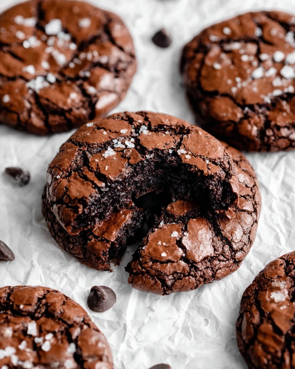 The image shows a group of dark brown chocolate cookies with cracked, shiny tops sprinkled with bits of sea salt. One cookie is in the center with a bite taken out, showing a soft, dense, and rich dark inside. The cookies are placed on crumpled white parchment paper on a white marbled surface, with a few scattered small chocolate chips around. The texture of the cookie tops looks crisp and slightly rough, and the chocolate inside looks moist and thick. photo taken with an iphone --ar 4:5 --v 7