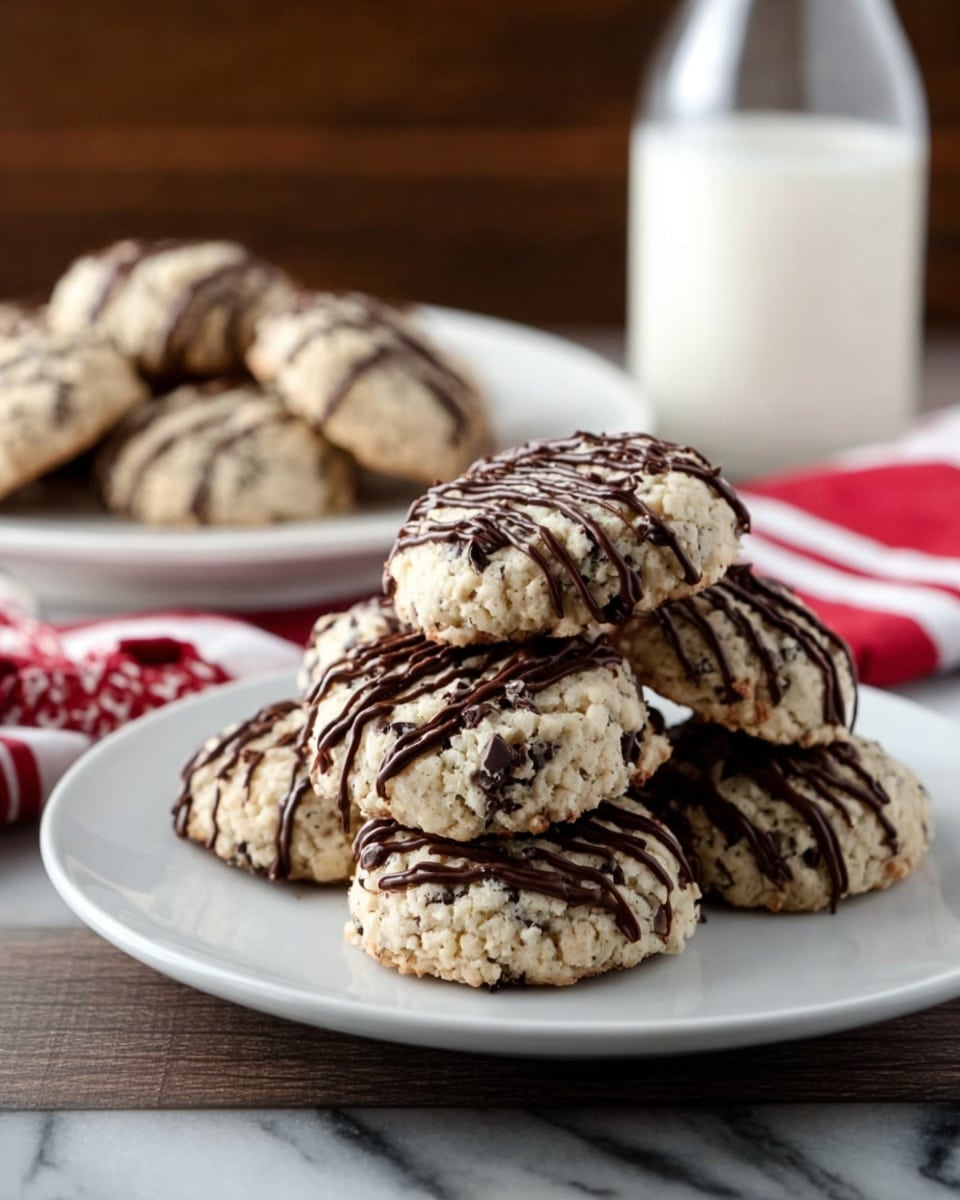 A white plate holds a stack of seven round cookies with a rough texture, each drizzled with thin lines of dark chocolate on top. The cookies are light beige with small dark chocolate pieces inside. In the blurred background, there is another white plate with more cookies, a glass bottle of milk, and a white and red striped cloth on a dark wooden surface. The whole scene rests on a white marbled texture. photo taken with an iphone --ar 4:5 --v 7