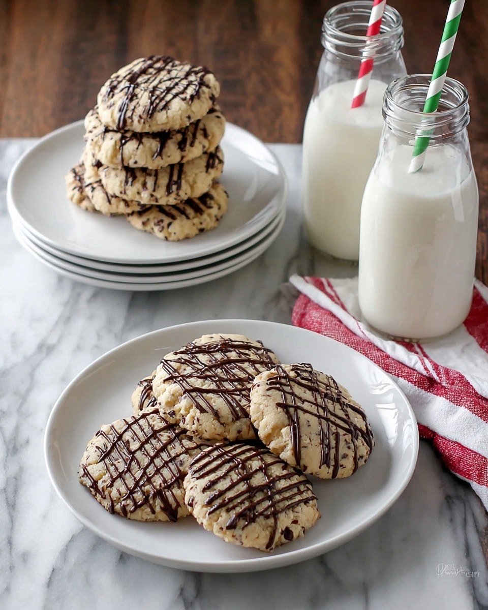 A white plate holds six round cookies with a light beige color and small dark specks throughout, each cookie drizzled with thin dark chocolate lines that crisscross on top, creating a rough grid pattern. Behind this plate, a stacked group of five similar white plates supports three more cookies arranged in a triangular shape with the same chocolate drizzle. Two clear glass milk bottles filled almost to the top with white milk stand upright beside the plates, one bottle with a red and white striped straw and the other with a green and white striped straw. A folded white cloth with red stripes rests near the bottles on a white marbled surface. Photo taken with an iphone --ar 4:5 --v 7