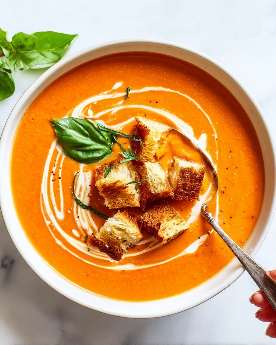 A white bowl filled with smooth, creamy orange tomato soup makes the main focus. On top are a few toasted golden-brown bread cubes arranged near the edge, with a silver spoon placed inside the bowl holding some bread. A swirl of white cream is drizzled softly around the soup's surface, creating a gentle spiral pattern. Two green basil leaves sit near the bread, adding a fresh touch. Nearby, another white bowl is filled with more toasted bread cubes. The scene rests on a white marbled surface, scattered with bright red cherry tomatoes attached to green stems and extra fresh basil leaves. Photo taken with an iphone --ar 4:5 --v 7