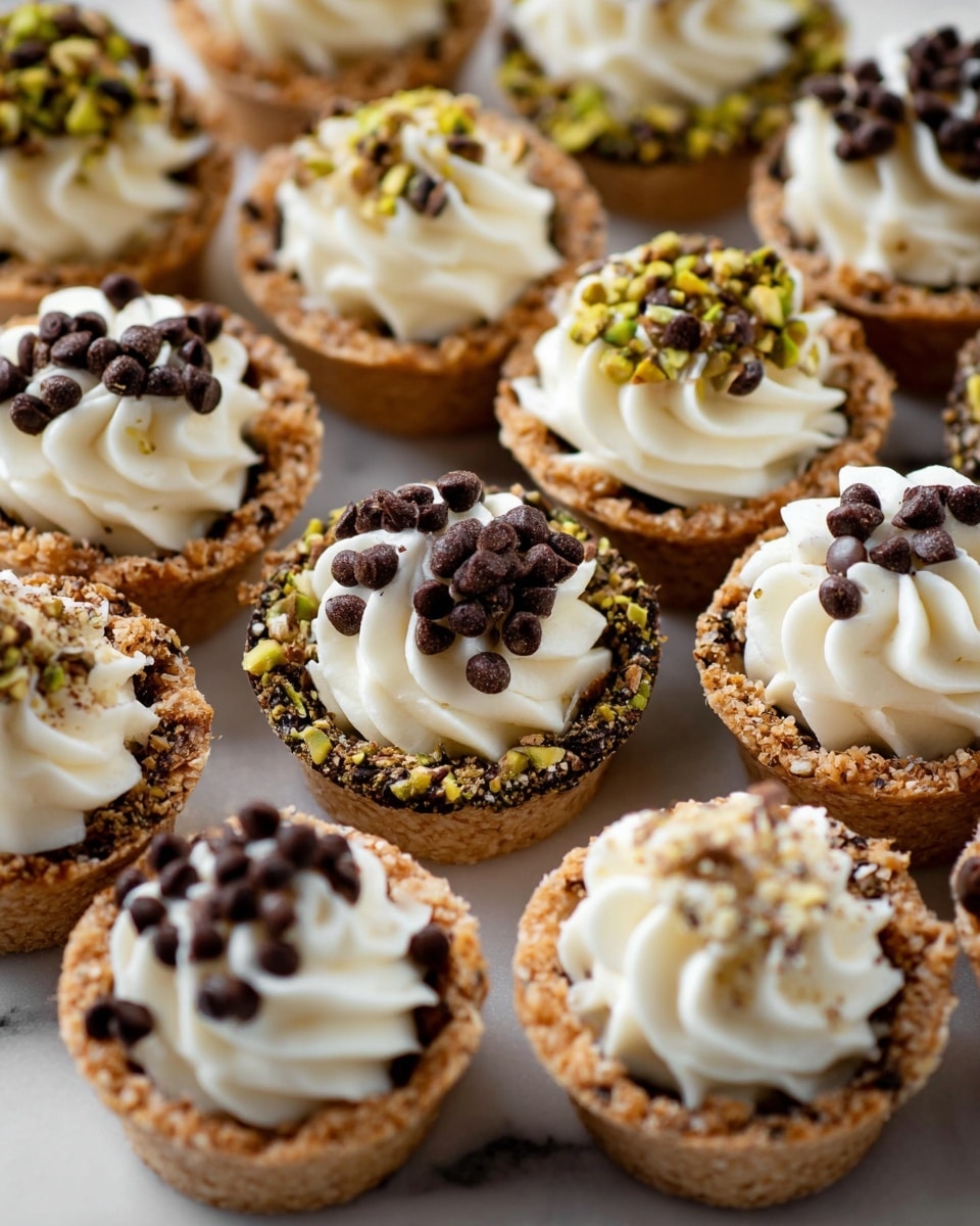 The image shows many small tartlets arranged closely on a white marbled surface. Each tartlet has a base crust layer that is either plain light brown or coated with finely chopped green pistachios or toasted coconut flakes, creating three types of rims: plain, green nutty, and brown textured. On top of each crust is a swirl of white creamy filling, smooth and shiny, piped in a soft peak shape. Some tartlets are decorated with dark brown chocolate chips sprinkled unevenly over the creamy layer, while others remain plain with only the white cream visible. The tartlets vary slightly in height but are uniform in size, creating a colorful and textured display. Photo taken with an iphone --ar 4:5 --v 7