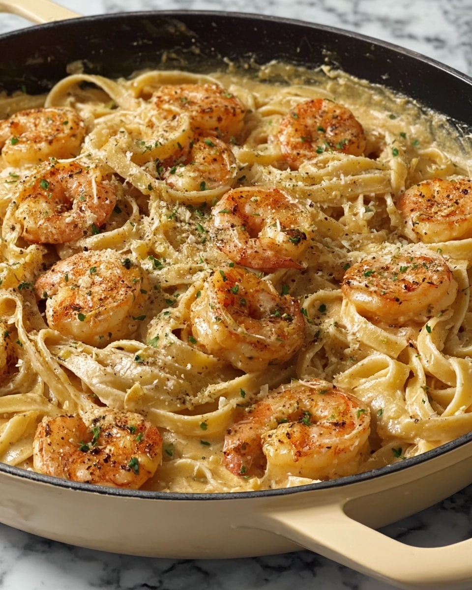 This image shows a large black pan filled with wide, flat pasta noodles cooked to a soft texture, mixed evenly with medium-sized cooked shrimp that have a light orange color with some browned spots. The dish is coated in a creamy light tan sauce that glistens across the noodles and shrimp. Green herbs are sprinkled lightly over the top, adding small specks of color. The pan has light beige handles, and it sits on a white marbled surface. photo taken with an iphone --ar 4:5 --v 7