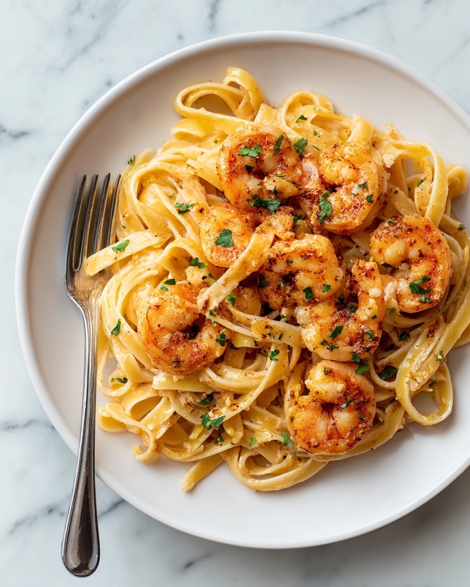 The image shows a close-up of a pasta dish with creamy fettuccine noodles as the base layer, light yellow in color and sprinkled lightly with grated cheese and black pepper. Large cooked shrimp with an orange-pink color and a slight golden brown sear sit on top, scattered evenly throughout the pasta. Bright green parsley leaves are sprinkled generously for color contrast. A silver fork is twisted with noodles in the center, lifted slightly above the dish. The background is a white marbled surface. photo taken with an iphone --ar 4:5 --v 7