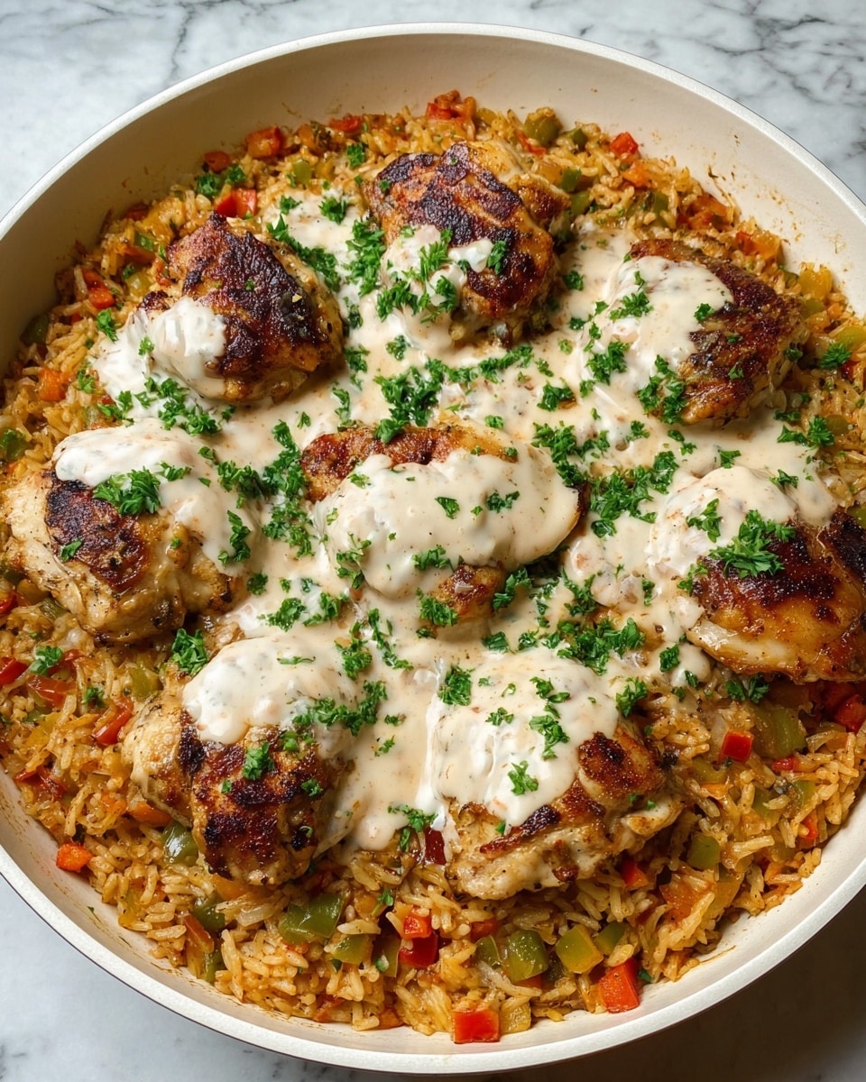 The image shows a white round pan filled with several pieces of browned cooked chicken placed on a bed of colorful rice mixed with small chunks of red and yellow peppers and diced tomatoes. Each piece of chicken is topped with a smooth, light cream-colored sauce with small green herb flecks. Fresh chopped parsley is lightly sprinkled over the chicken and rice, adding bright green accents. The pan is set on a white marbled surface. photo taken with an iphone --ar 4:5 --v 7