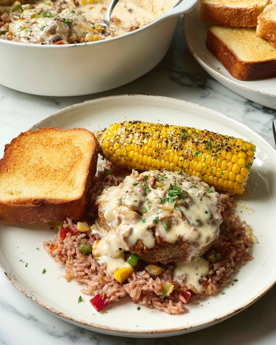 A white plate holds a meal with three main parts: at the bottom, a layer of reddish-brown seasoned rice mixed with small bits of vegetables, topped with two pieces of browned chicken covered in a thick, creamy light beige sauce sprinkled with small green herb pieces; on the right side of the plate, a bright yellow corn cob with bits of green herbs and black pepper on it; on the left, a slice of toasted golden-yellow garlic bread with small green herb specks. In the background, a white bowl filled with more rice and chicken topped with cream sauce is partly visible, along with a white plate holding more garlic bread. The setting is on a white marbled surface. photo taken with an iphone --ar 4:5 --v 7