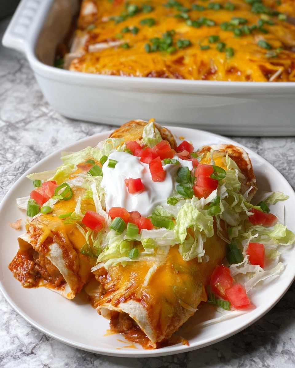 A white plate with a layered taco casserole serving showing thick layers: the bottom layer is soft orange tortilla, followed by a brown meat sauce layer mixed with a savory sauce, topped with melted yellow and white cheese, shredded green lettuce, diced red tomato pieces, and a dollop of white sour cream. A fork holds a bite with all layers visible, highlighting the rich meat sauce and cheese. The background shows a white casserole dish filled with the same cheesy casserole topped with green chopped onions on a white marbled surface. Photo taken with an iphone --ar 4:5 --v 7