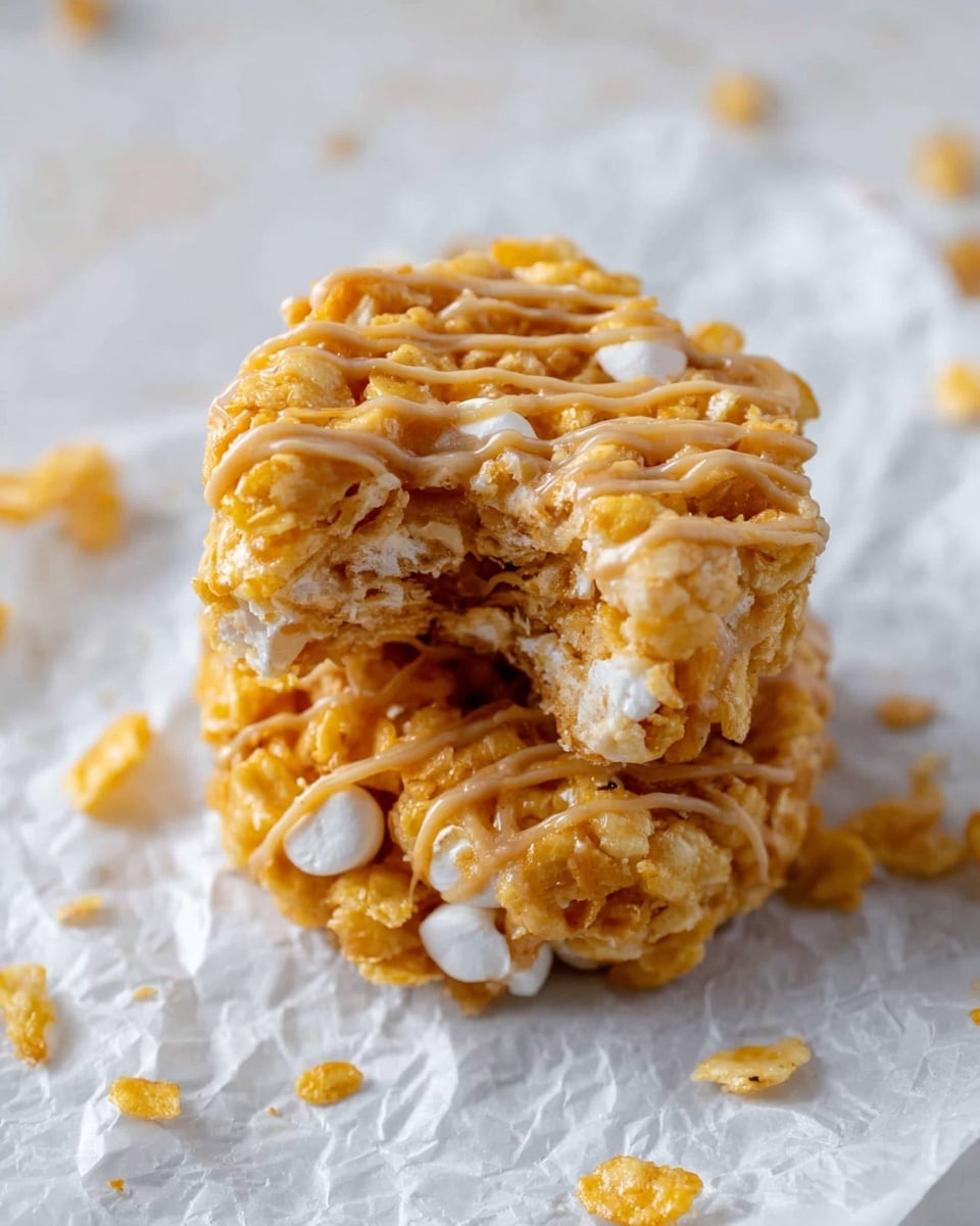 The image shows a stack of two round desserts made of crunchy golden cornflakes mixed with white marshmallow pieces, giving a bumpy and rough texture. The top dessert has a bite taken out, revealing the soft marshmallow inside. Both treats are drizzled with light brown caramel sauce in even thin lines, adding shine and extra texture. They are placed on a crumpled piece of white paper over a white marbled surface, with some loose cornflakes scattered around. The focus is close-up, making the layers and textures very clear. Photo taken with an iphone --ar 4:5 --v 7
