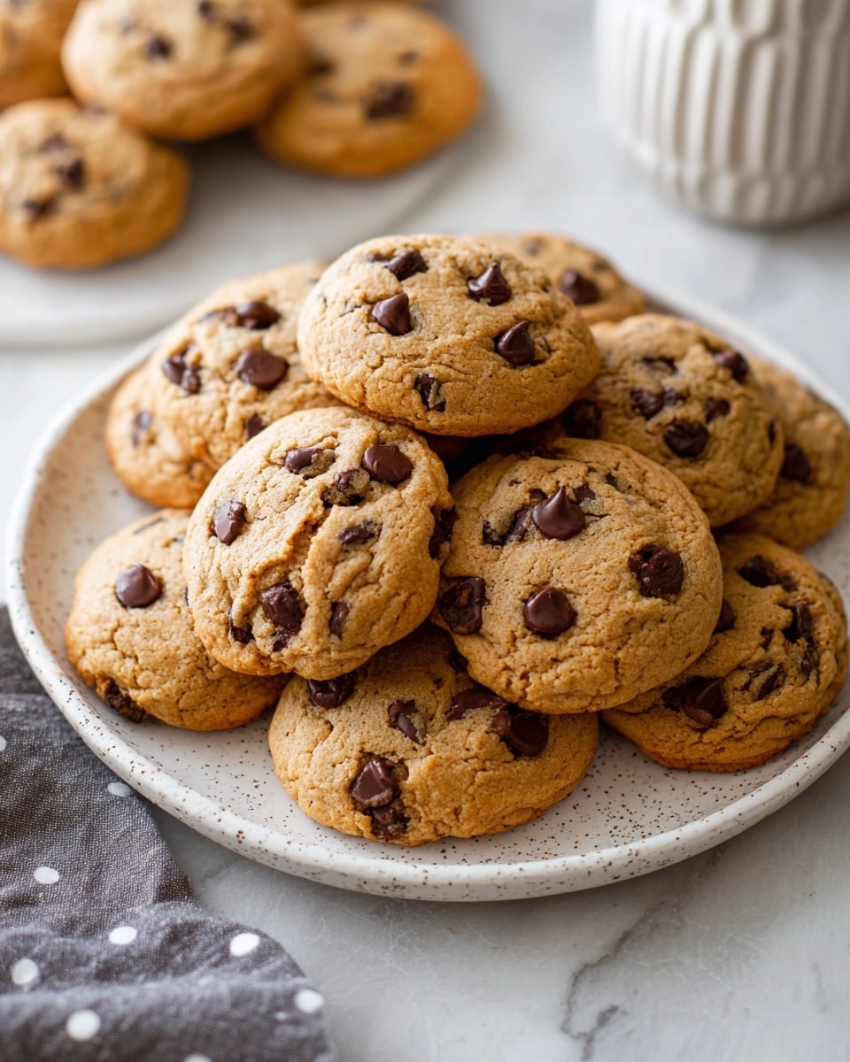 A pile of soft, round chocolate chip cookies with a light brown color and visible dark chocolate chips scattered on top and throughout, arranged closely together on a white speckled oval plate. The cookies have a slightly textured, thick surface with small cracks and a warm, baked look. The plate sits on a white marbled surface, and a gray cloth with white polka dots is partially visible near the bottom left corner. In the background, there are more cookies slightly out of focus and a white decorative container. photo taken with an iphone --ar 4:5 --v 7