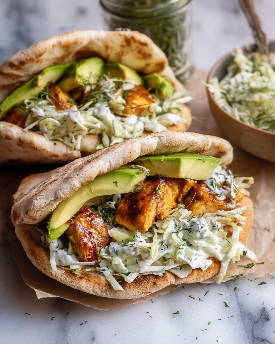 Two pita pockets are filled with three layers: the bottom layer has creamy coleslaw mixed with chopped herbs and white sauce, the middle layer features chunks of glazed golden brown chicken pieces, and the top layer holds fresh slices of green avocado with more coleslaw spilling out. The pita bread is light brown and slightly toasted, textured with small bubbles. The scene is set on a white marbled surface with a jar of fresh herbs to the side and a bowl of extra coleslaw nearby. Photo taken with an iphone --ar 4:5 --v 7