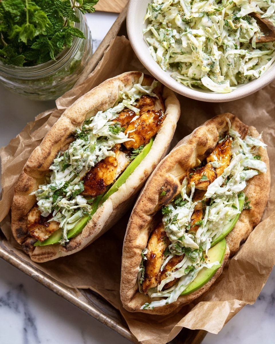 The image shows two stuffed pita pockets resting on brown paper over a tray with a white marbled surface underneath. Each pita is light brown and slightly toasted, sliced open to hold three layers: the bottom layer has green slices of avocado, the middle has golden-brown glazed pieces of chicken, and the top layer is a creamy mixture of shredded cabbage and herbs, giving a fresh white and green color with a slightly wet texture. On the side, there is a white bowl filled with the same creamy shredded cabbage salad. There is also a glass jar with fresh green herbs in the top left corner. photo taken with an iphone --ar 4:5 --v 7