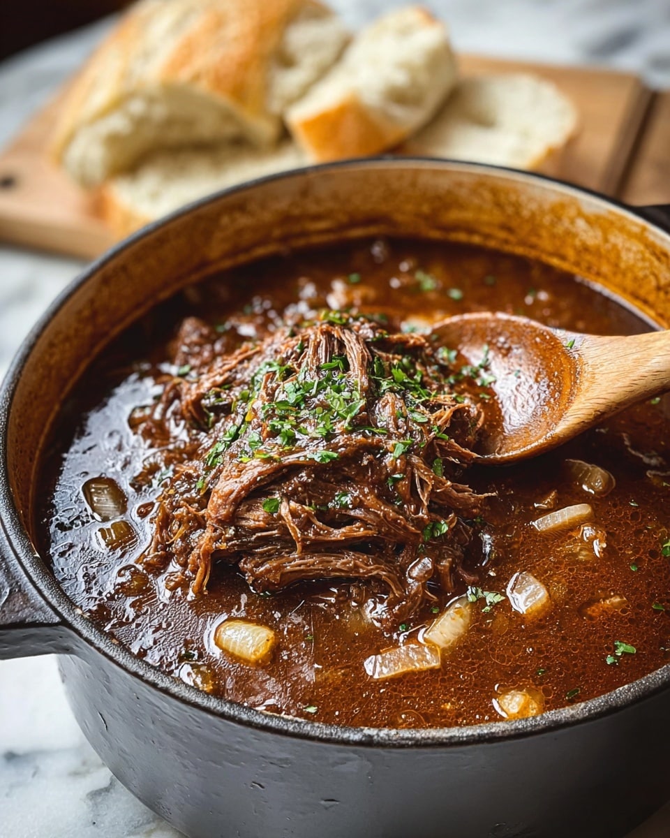 A close-up of a thick brown stew with shredded meat being lifted by a wooden spoon from a round yellow pot. The stew has a rich dark brown sauce with onion pieces and is topped with a layer of melted white cheese that has golden brown spots and some sprinkled green herbs on top. The pot is placed on a white marbled surface. Photo taken with an iphone --ar 4:5 --v 7