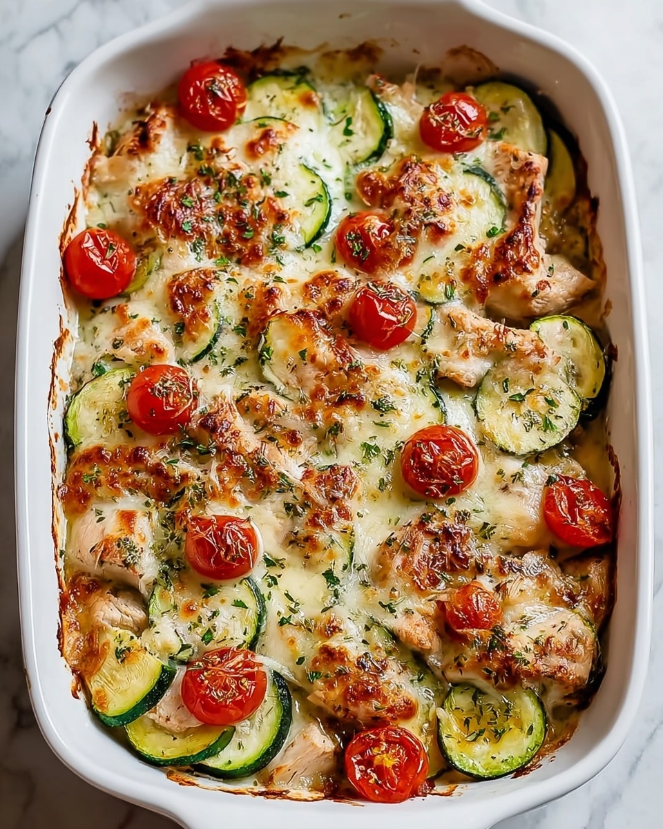A white oval baking dish holds a layered baked dish starting with a base of cooked light-colored chicken pieces, topped with evenly spread green zucchini slices and red cherry tomato halves. A melted layer of golden, slightly browned cheese covers the top, blending with herbs sprinkled throughout. The edges of the dish have browned baked marks, and the background shows a white marbled surface. photo taken with an iphone --ar 4:5 --v 7
