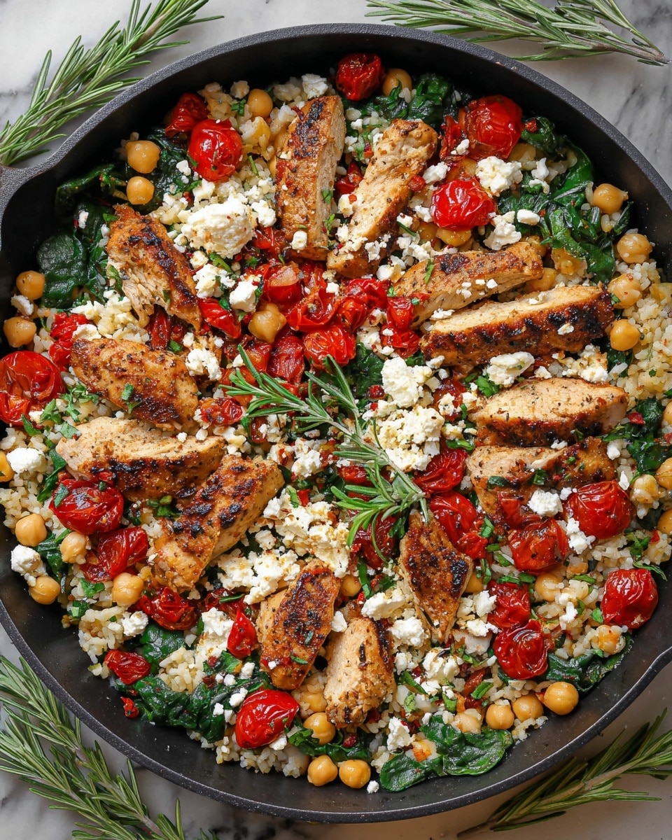A dark skillet filled with a colorful mix starting with a base layer of cooked white rice. Scattered on top are beige chickpeas, bright red halved cherry tomatoes, and fresh green spinach leaves wilted slightly. Grilled slices of browned and seasoned chicken are spread evenly over the dish. Crumbled white cheese is sprinkled throughout, adding texture. Small green sprigs of herbs rest on top for garnish. The skillet sits on a white marbled surface with some rosemary sprigs around. Photo taken with an iphone --ar 4:5 --v 7