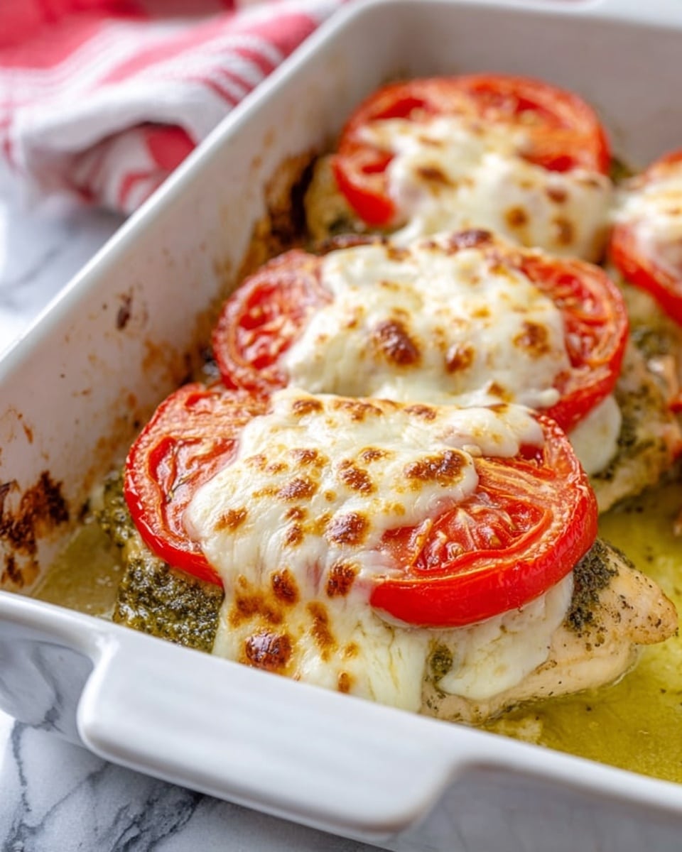 A close-up view of a white rectangular baking dish filled with four stacked pieces of baked chicken topped with pesto, large bright red tomato slices, and melted golden-brown cheese evenly covering each layer. The chicken at the bottom is light tan, the pesto layer beneath the tomatoes is dark green and slightly chunky, and the cheese on top has brown toasted spots with a creamy, smooth texture. The dish sits on a white marbled surface with a blurred red and white cloth in the background. photo taken with an iphone --ar 4:5 --v 7