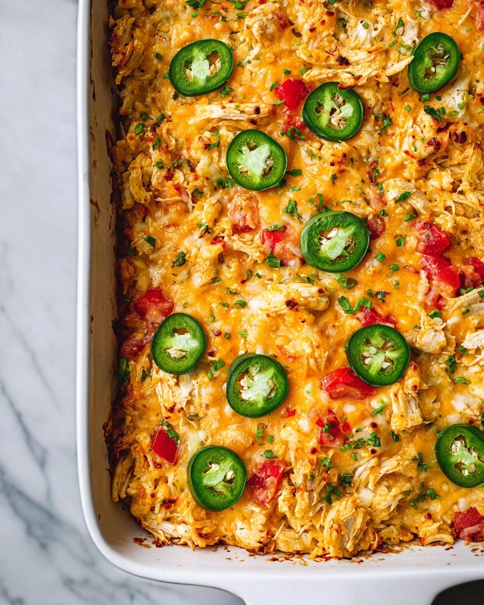 The image shows a baked dish inside a white ceramic rectangular casserole. The top layer is golden with melted cheese mixed with shredded chicken. Scattered throughout are small pieces of red tomato and green herbs, with several slices of fresh green jalapeño pepper placed evenly on the surface. The texture looks soft and slightly crispy around the edges, with some browned spots indicating it was baked well. The casserole sits on a white marbled surface. photo taken with an iphone --ar 4:5 --v 7