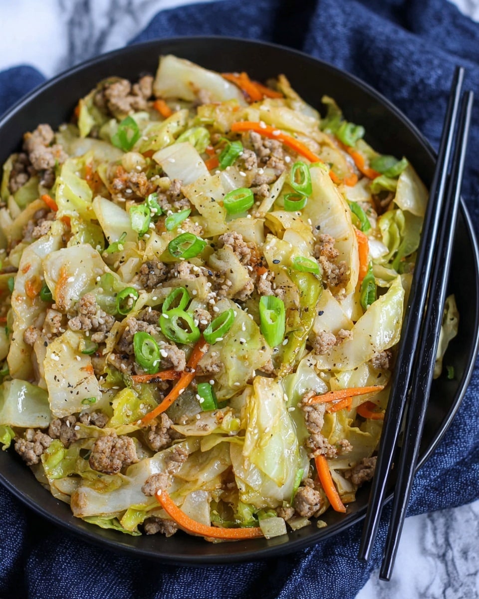 A close-up of a black bowl filled with a stir-fry dish containing pale yellow cabbage pieces, small light brown cooked ground meat bits, thin orange carrot strips, and bright green chopped scallions scattered on top. The dish is also sprinkled with white sesame seeds and black pepper. Two black chopsticks rest on the edge of the bowl, which sits on a dark blue cloth over a white marbled surface. photo taken with an iphone --ar 4:5 --v 7