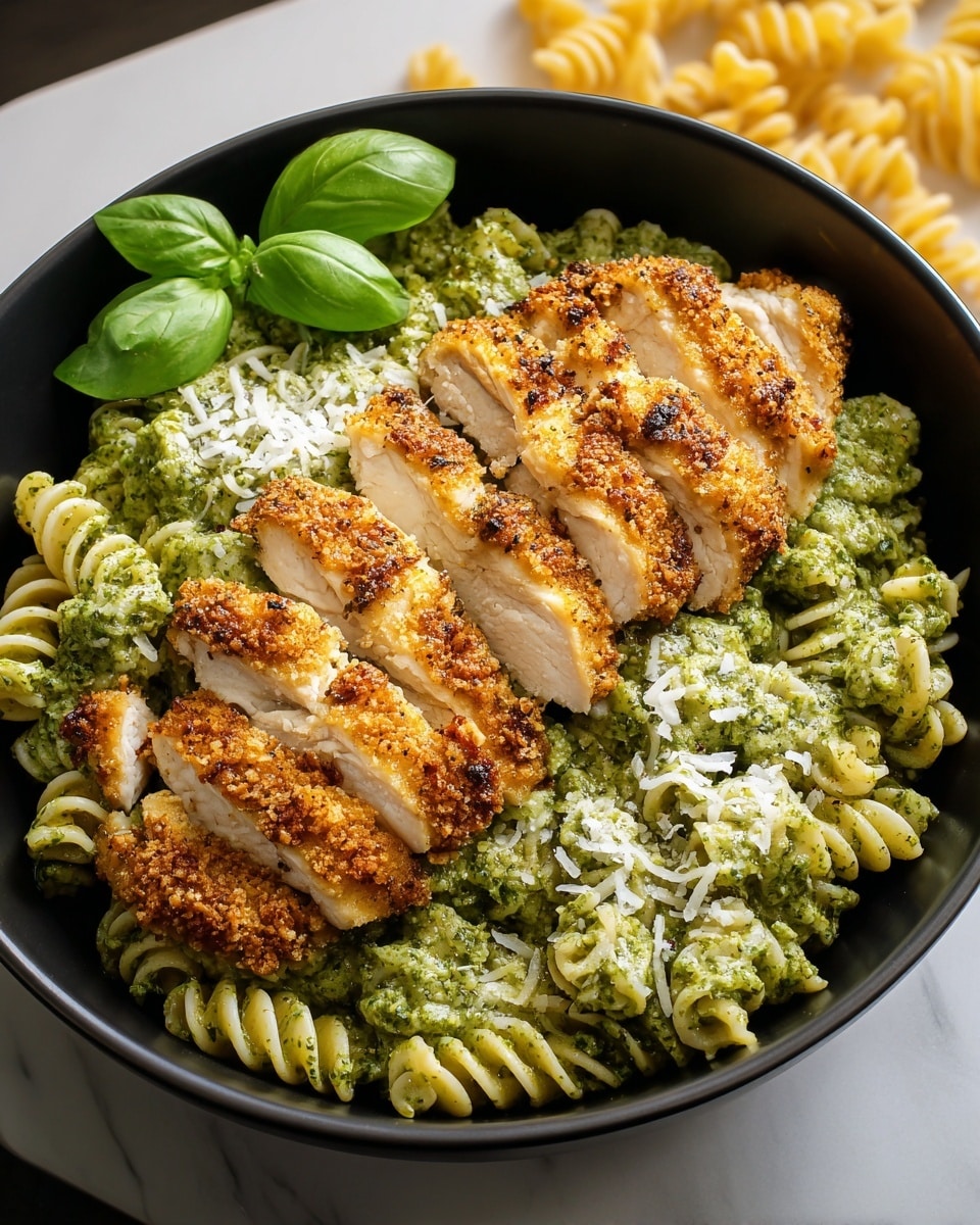 A black bowl holds a bed of green pesto-coated rotini pasta spread evenly as the bottom layer. On top, sliced crispy golden brown chicken pieces with a crunchy texture are arranged in a neat row covering the center. Small white cheese sprinkles are scattered over the chicken and pasta. Two fresh green basil leaves peek out from behind the chicken near the top edge of the bowl. The bowl sits on a white marbled surface with some uncooked pasta blurred in the background. Photo taken with an iphone --ar 4:5 --v 7