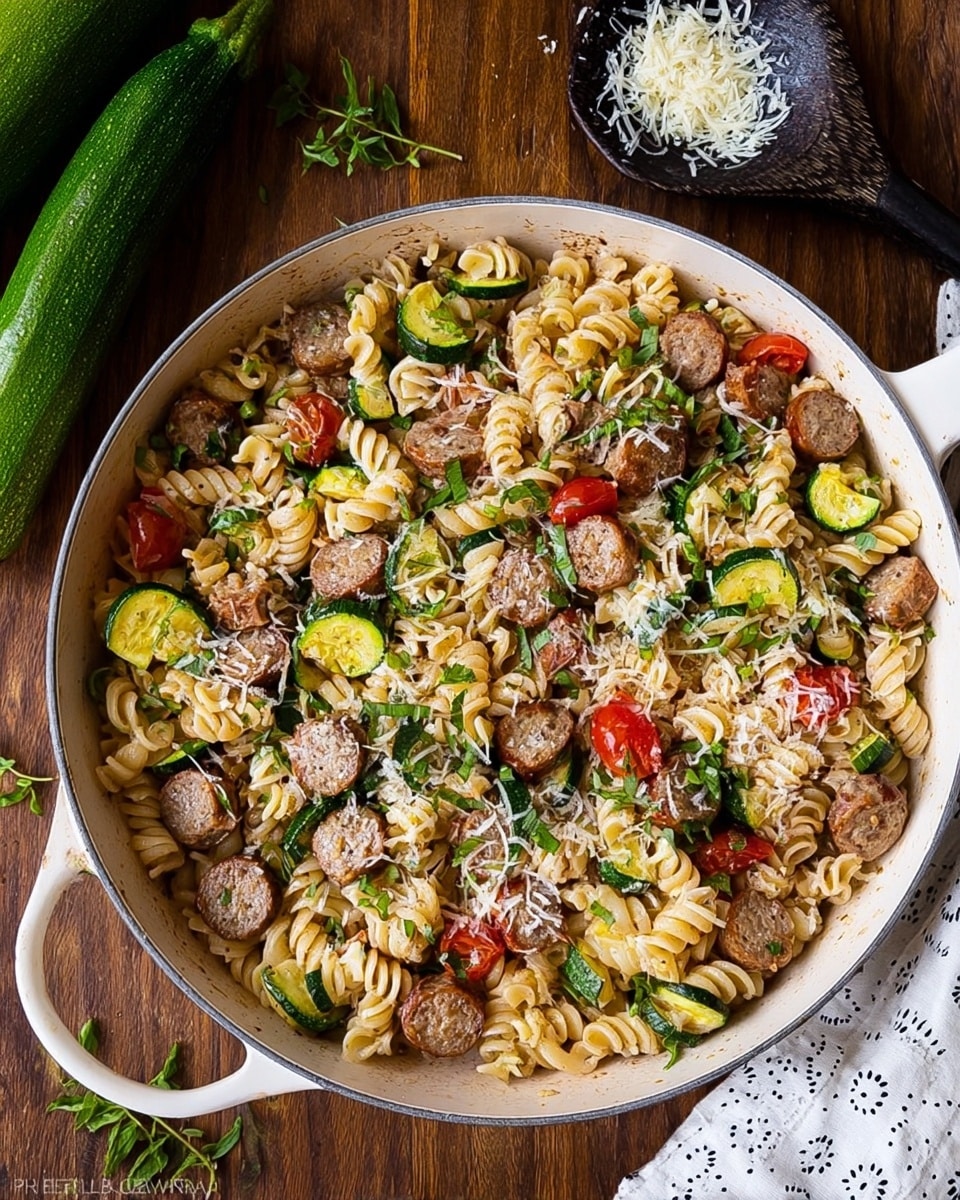 A white deep pan filled with cooked pasta mixed with slices of brown sausage, green zucchini pieces, and red cherry tomato halves, all sprinkled with grated cheese and fresh chopped green herbs. The pasta is light brown with a curly shape, and the vegetables and sausage are evenly spread throughout. The pan is on a wooden surface with a green zucchini on the top left side and a black spoon holding some grated cheese placed beside the pan. A white cloth with small black patterns is partially visible at the top right corner of the image. Photo taken with an iphone --ar 4:5 --v 7