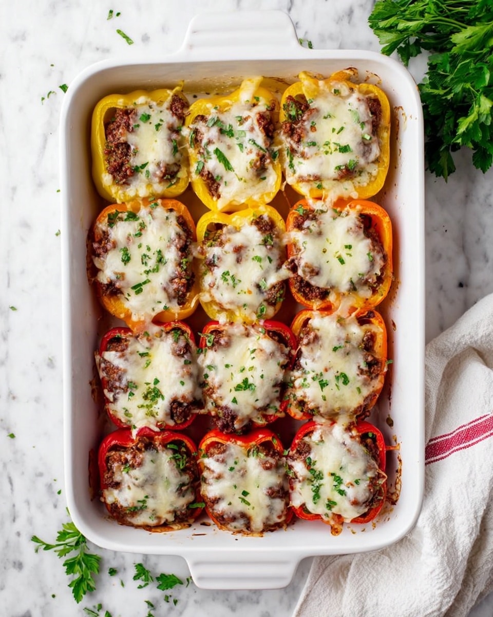 A white rectangular baking dish holds three rows of stuffed bell pepper halves, with each row showing different colors: yellow on top, orange in the middle, and red at the bottom. Each pepper half is filled with a dark brown meat mixture and topped with melted white cheese that looks soft and stretchy, sprinkled with finely chopped green herbs. The edges of the cheese are slightly browned and crispy, especially where it touches the white dish. The dish sits on a white marbled surface, with some green herb leaves scattered around and a sprig of parsley in the top right corner. A white cloth with a red stripe is near the bottom right corner of the dish. Photo taken with an iphone --ar 4:5 --v 7