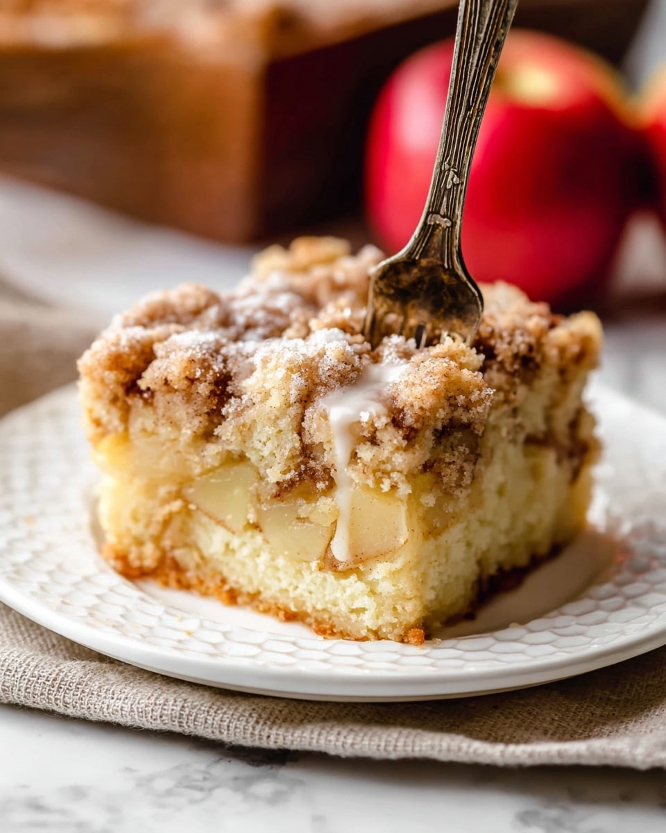 A close-up view of a thick square slice of crumb cake placed on a white plate, showing three visible layers: a golden brown crumbly topping with a powdered sugar glaze, a light yellow soft cake middle layer with small chunks of apple inside, and a slightly darker bottom layer that is more dense. A vintage fork is inserted vertically into the top layer of the crumb cake. The white plate sits on a white plate with a hexagonal pattern, which is resting on a beige cloth on a white marbled surface. In the blurred background, there are two red apples. Photo taken with an iphone --ar 4:5 --v 7