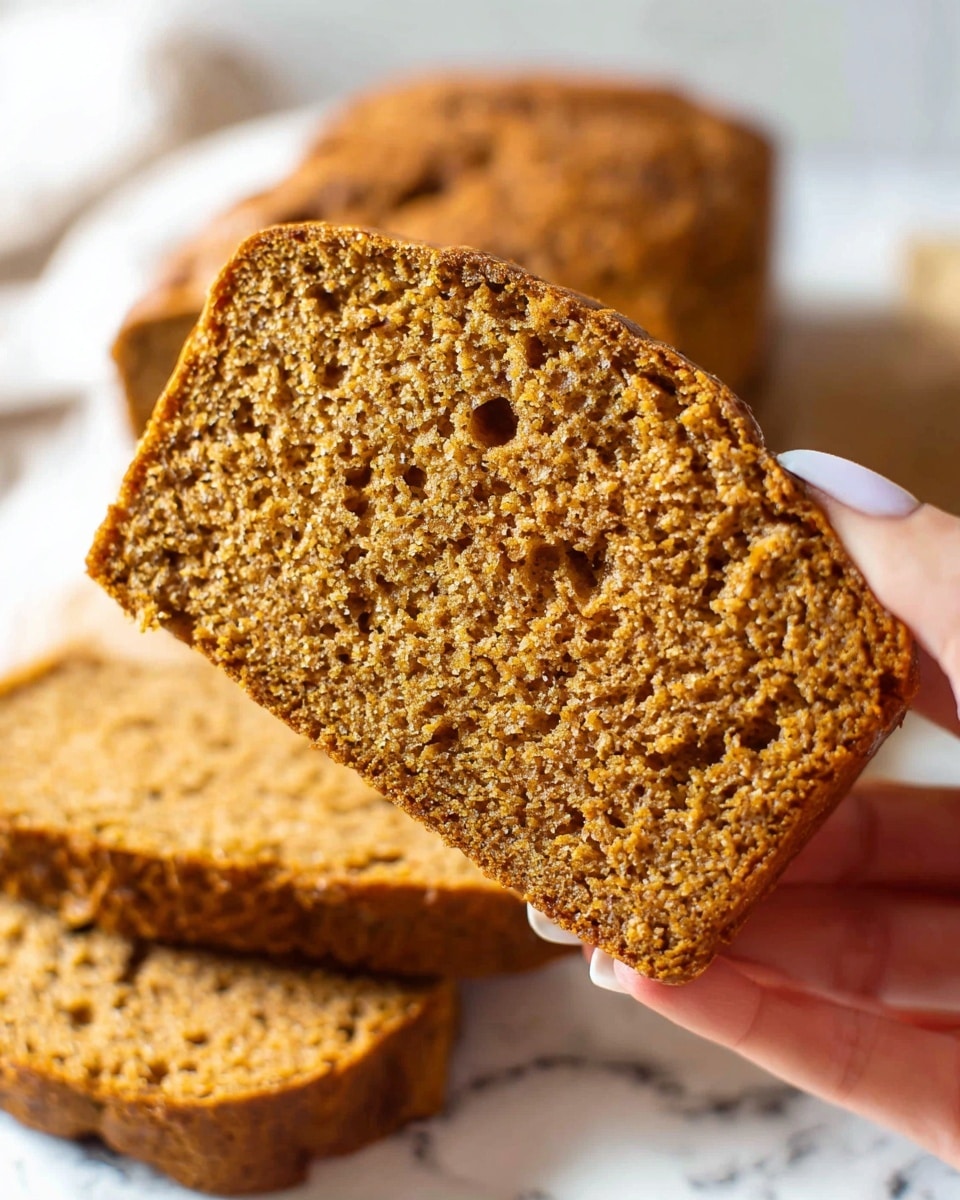 A close-up image of a single slice of dense brown bread with a textured, crumbly surface and small holes evenly spread throughout. The slice is held by a woman's hand with neatly manicured nails. In the background, there is a stack of more slices and a larger loaf, all showing the same brown color and crumbly texture. The setting includes a soft, white marbled surface. photo taken with an iphone --ar 4:5 --v 7