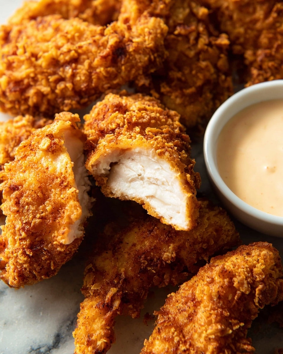 A close-up view of several pieces of golden brown fried chicken arranged closely together on a white marbled surface, each piece showing a crispy, rough texture on the outside. One piece is broken open to show a white, tender inside with clear layers of meat fiber. To the right, there is a white bowl filled with creamy, pale sauce with a smooth texture. The lighting highlights the crunchy coating and the fresh inside of chicken, creating a warm and appetizing look. photo taken with an iphone --ar 4:5 --v 7