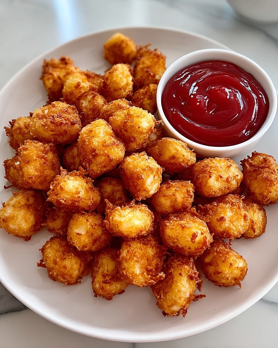 A white plate holds a pile of small, round, golden-brown fried popcorn shaped pieces, each with a crispy textured surface and slightly uneven edges. On the upper right side of the plate, there is a small white bowl filled with smooth, bright red ketchup. The plate sits on a white marbled surface that slightly reflects light. Photo taken with an iphone --ar 4:5 --v 7