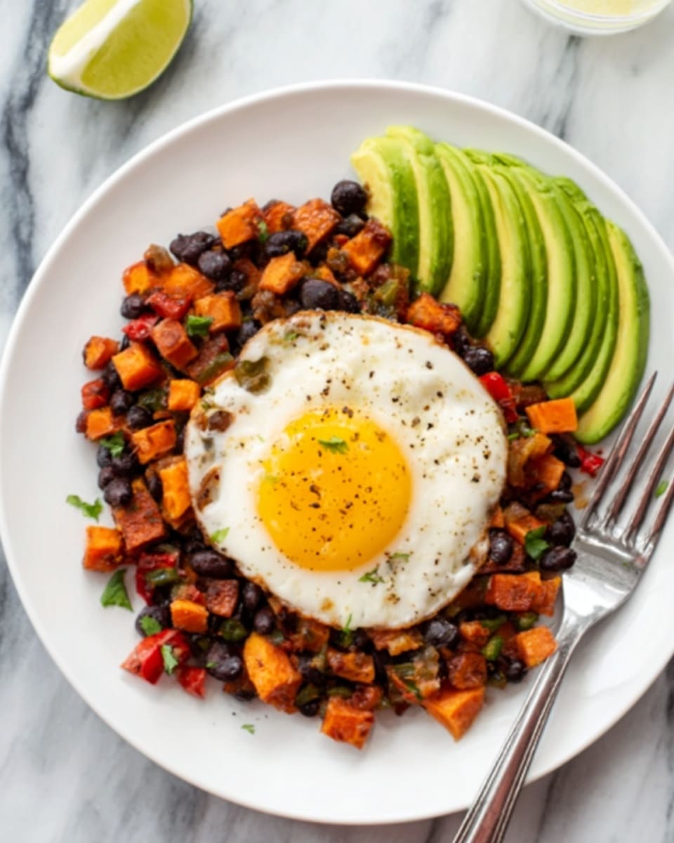 A white pan filled with three sunny-side-up eggs in the center, their bright yellow yolks surrounded by white cooked egg whites. Around the eggs are small cubes of orange sweet potatoes, dark green kale leaves, and bits of cooked red onion and green peppers, creating a colorful mix. Large, fresh light green avocado slices lay on top layered over the eggs and vegetables. Bright green cilantro leaves are scattered over everything, adding freshness and color. The pan sits on a white marbled surface. Photo taken with an iphone --ar 4:5 --v 7