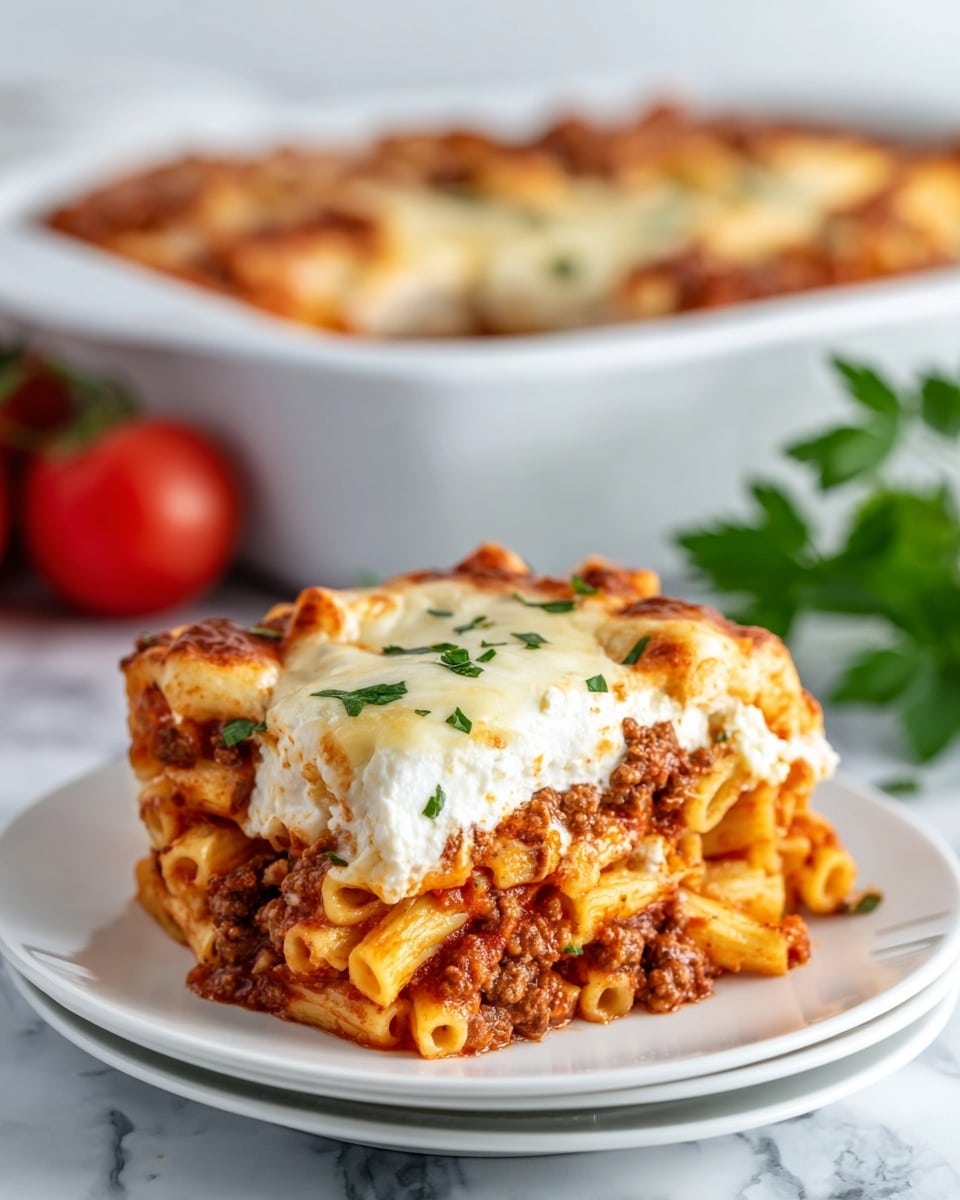 The dish shows one thick layer of pasta tubes cooked al dente mixed with chunky red tomato sauce and small pieces of browned meat, spread evenly on a white plate. The top is sprinkled with small white pieces of cheese and finely chopped green herbs, adding texture and color contrast. The sauce looks rich and slightly chunky, with visible tomato bits. The plate sits on a white marbled surface, and a fork is placed near the plate’s edge. Photo taken with an iphone --ar 4:5 --v 7