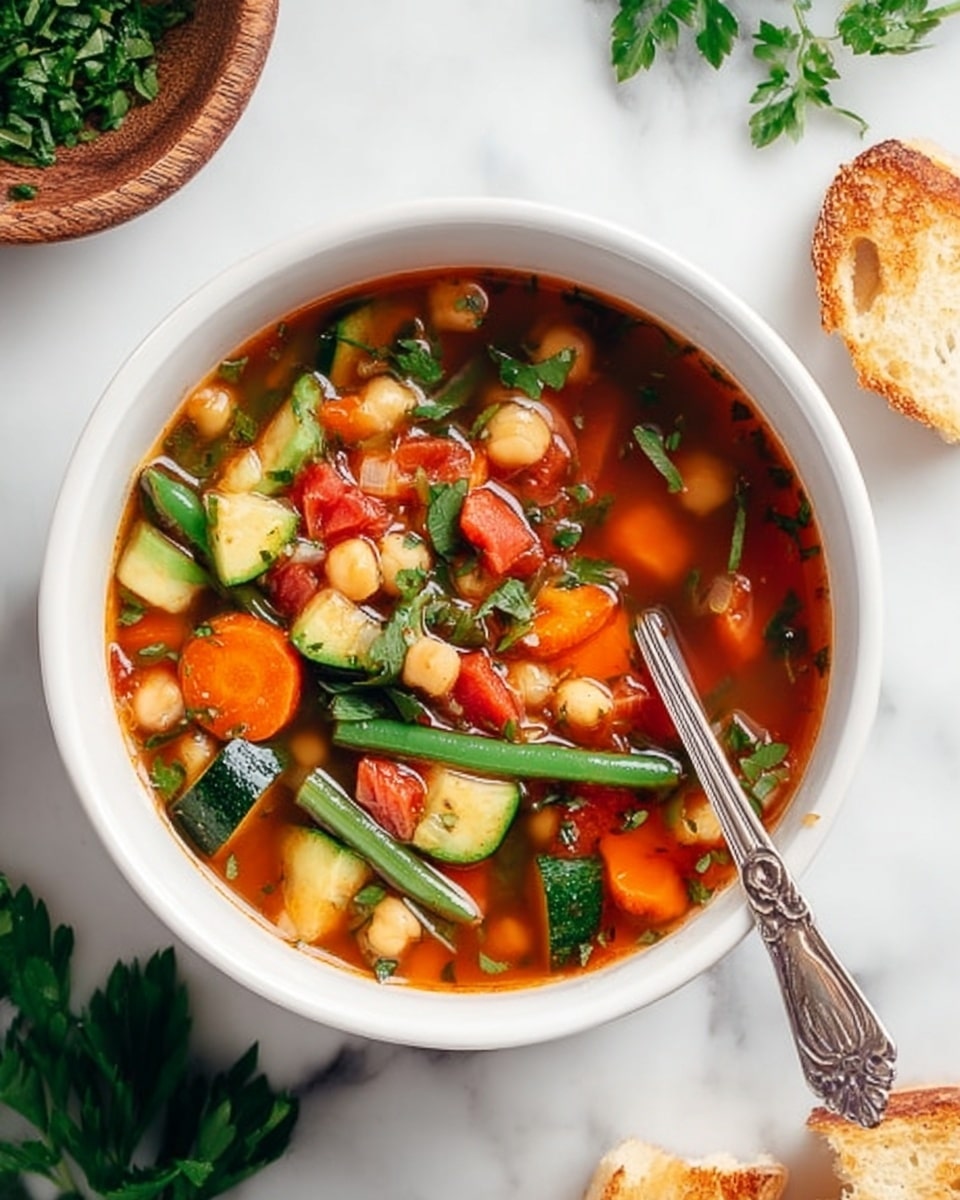 A white bowl filled with vegetable soup including visible layers of bright orange carrot slices, light beige chickpeas, vibrant green chopped beans and zucchini cubes, and red tomato chunks in a clear reddish broth. A silver spoon with an intricate handle rests inside the bowl. The bowl sits on a white marbled surface surrounded by fresh parsley leaves and a few pieces of toasted bread. Photo taken with an iphone --ar 4:5 --v 7