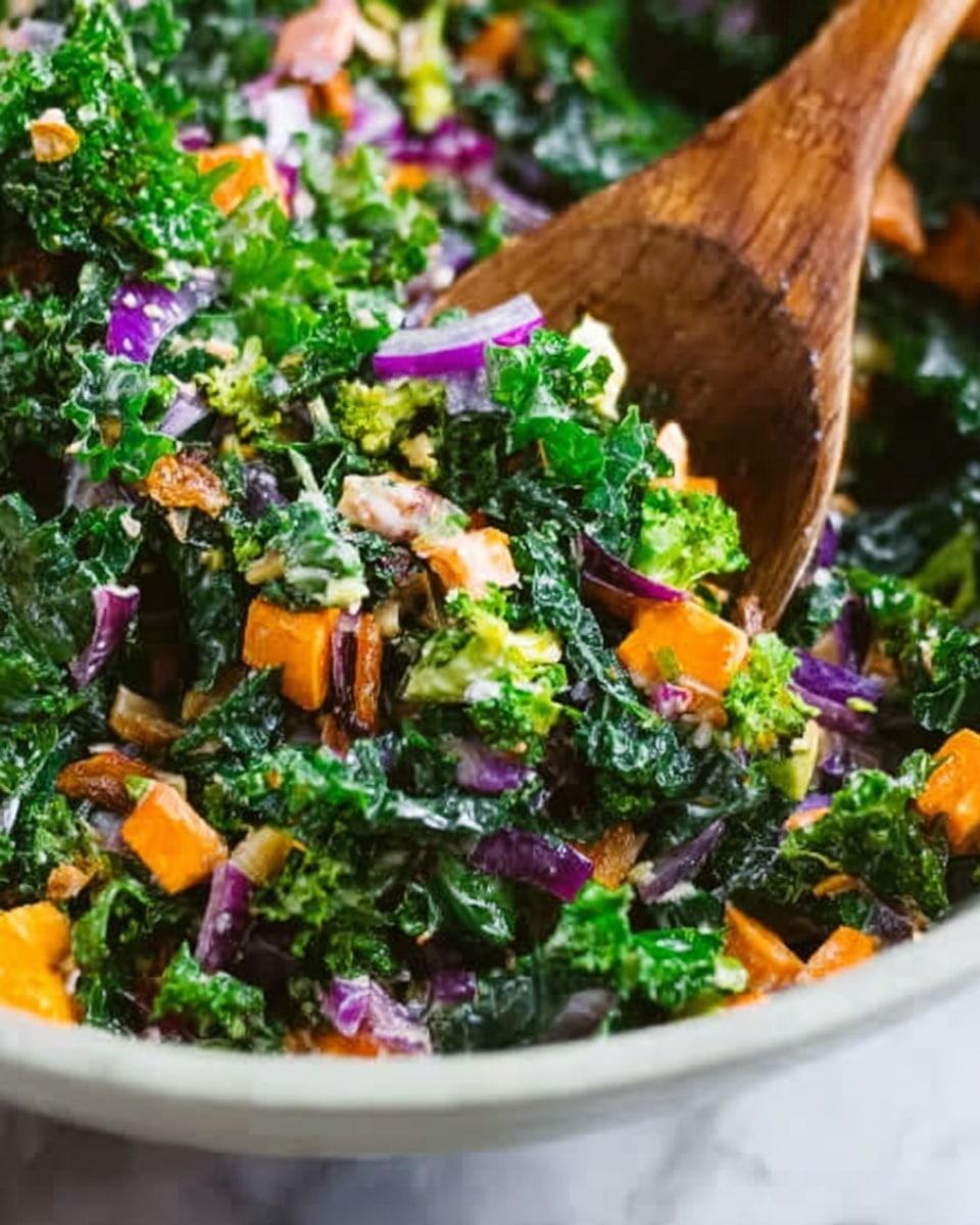 A large white bowl filled with a colorful fresh salad showing multiple layers of ingredients: at the bottom small green kale pieces with a curly texture, then bright green broccoli florets evenly spread out, thin orange carrot strips mixed throughout, scattered small cubes of yellow cheese, purple onion pieces, and light brown sunflower seeds sprinkled on top, all sitting on a white marbled surface photo taken with an iphone --ar 4:5 --v 7