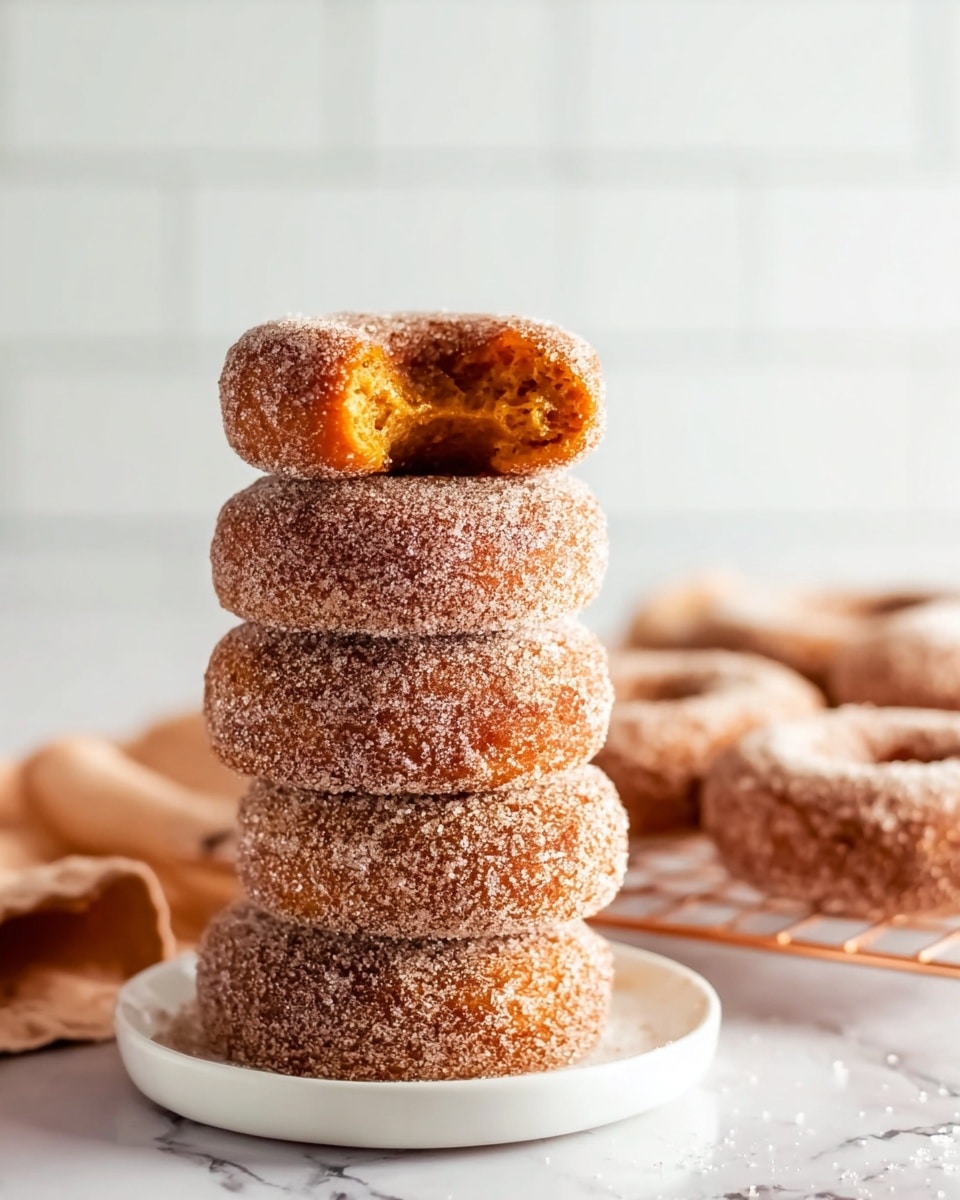 A stack of six round doughnuts is shown on a white wire rack, set against a white marbled surface and a blurry white tile background. The doughnuts are coated with a light brown sugar and cinnamon mix, giving them a grainy texture. The top doughnut is broken in half, revealing a soft and moist bright orange inside. The doughnuts below it show the same rough, sugar-coated surface, and more doughnuts are partly visible on the white marbled surface behind the rack. The light is soft and natural, making the cinnamon sugar sparkle slightly. photo taken with an iphone --ar 4:5 --v 7