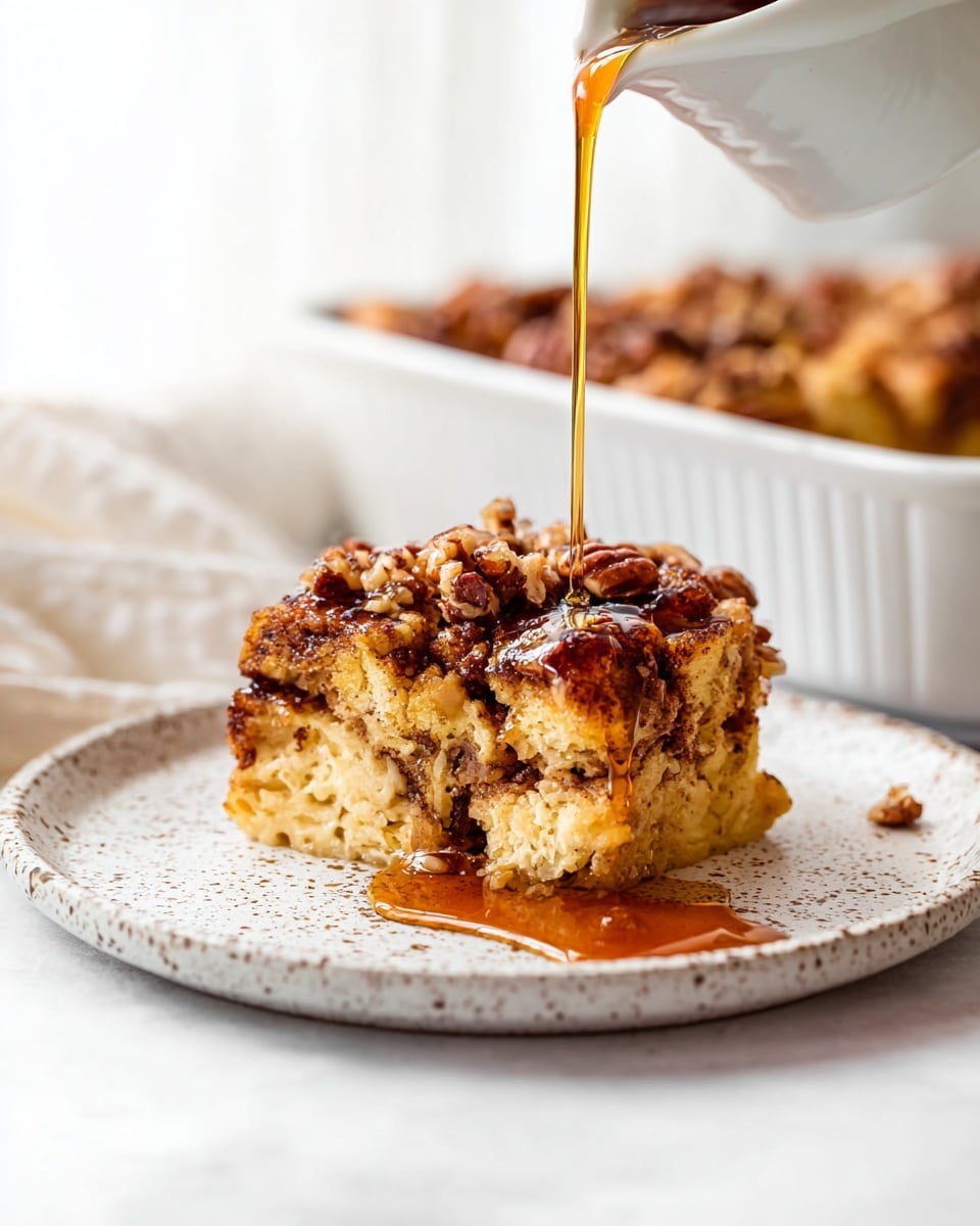 A square piece of golden bread pudding sits in the middle of a round white speckled plate, showing a soft and moist inside with swirls of cinnamon. The top layer is crumbly and textured with walnuts and cinnamon-spiced crumbs, giving a crunchy look. A thick stream of amber syrup pours down from above, covering the top and dripping off the side, making the surface shiny and sticky. In the background, a white baking dish filled with more bread pudding is blurred against a bright white marbled surface. A pale beige cloth lies partially visible in the corner. Photo taken with an iphone --ar 4:5 --v 7
