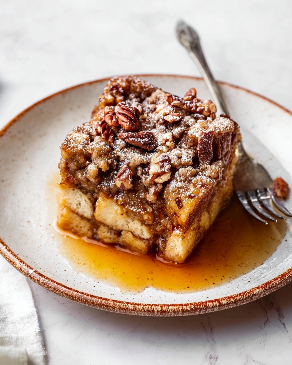 A single square piece of crumb cake sits on a white speckled plate, with visible layers of light golden cake and a thick crumbly brown streusel topping studded with pecan halves. The crumb topping looks crunchy and rough with a dusting of white powdered sugar. Amber syrup pools around the base, glistening and slowly dripping down the sides of the cake. A silver fork leans on the plate's edge, the tip touching the syrup. The entire scene is set on a white marbled surface. photo taken with an iphone --ar 4:5 --v 7