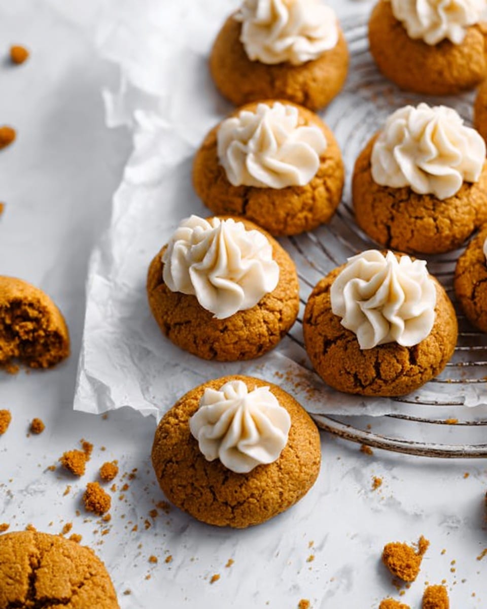 The image shows a group of round, golden brown cookies with a soft texture gathered on a cooling rack lined with white parchment paper. Each cookie has a small swirl of light cream-colored frosting placed in the center, creating a contrast between the rough cookie surface and the smooth frosting. Crumbs of the same golden cookie are scattered on the white marbled surface around the rack, adding a casual, freshly baked feel. The overall lighting is bright and natural, highlighting the warm colors and soft textures. photo taken with an iphone --ar 4:5 --v 7