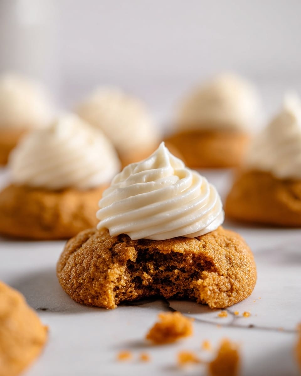 The image shows several small round orange cookies with a rough texture, each topped with a swirl of smooth white cream. The cookies are arranged mostly on a white parchment paper placed on a silver cooling rack, with a few cookies scattered around directly on a white marbled surface. Some cookie crumbs are scattered around, adding to the casual setting. Photo taken with an iphone --ar 4:5 --v 7