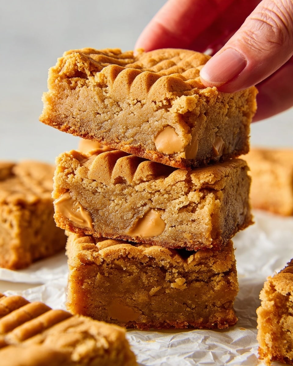 A stack of three light brown blondie squares with a soft, crumbly texture is shown, each topped with a golden peanut cookie shaped like a peanut with a grid pattern. The top blondie is held slightly above the stack by a woman's hand, showing the dense, moist middle layer with visible pieces inside. The blondies rest on crumpled parchment paper on a white marbled surface. Other blondies are blurred in the background. Photo taken with an iphone --ar 4:5 --v 7