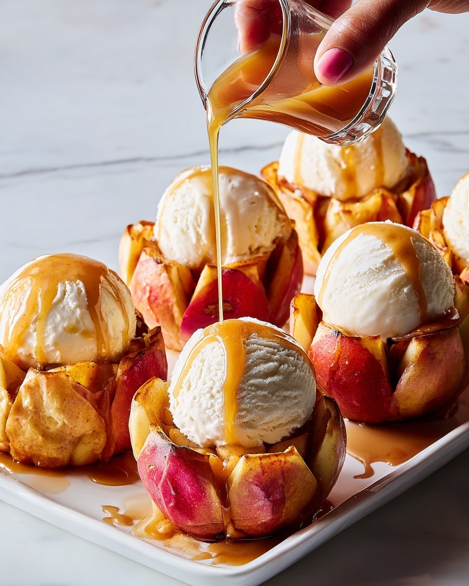 The image shows six red apple cups arranged on a black serving tray placed on a white marbled surface. Each apple is carved into a flower shape with open petals and filled with baked apple chunks inside. On top of each apple cup, there is a large round scoop of white vanilla ice cream. A woman's hand is pouring golden caramel sauce from a small clear glass pitcher, drizzling it over the ice cream and down the sides of the apple cups, creating shiny streaks. The caramel sauce creates a glossy contrast with the creamy ice cream and the textured apples. photo taken with an iphone --ar 4:5 --v 7