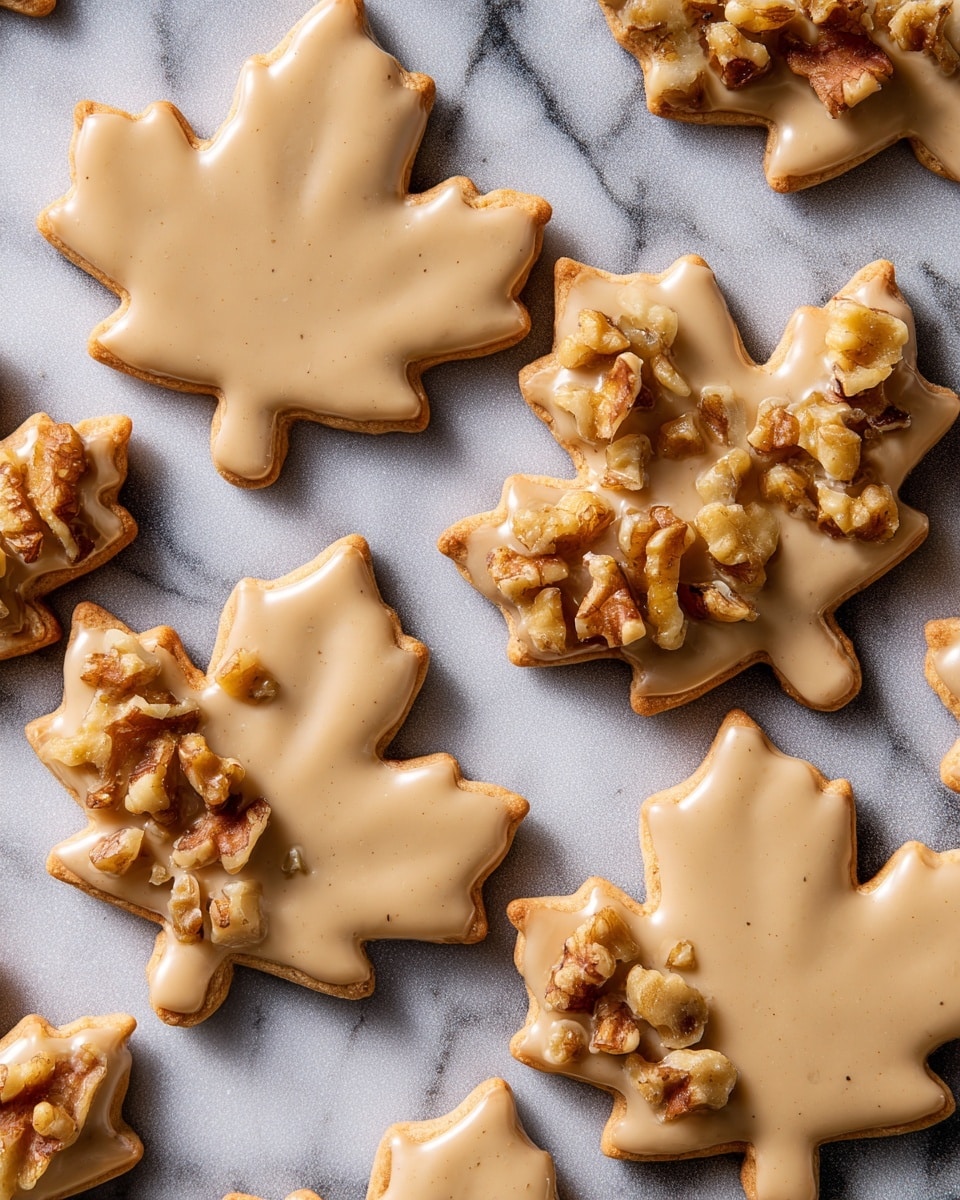 The image shows several maple leaf-shaped cookies arranged closely on a white marbled surface. Each cookie has two layers: a smooth, light brown icing layer on top with tiny dark specks, and a slightly darker baked cookie base visible at the edges. Small pieces of chopped walnuts are scattered unevenly on the top part of some cookies, adding texture and contrast. A woman's hand is gently picking one cookie, with her thumb and finger placed on its sides. The lighting highlights the smooth icing and the rough texture of the walnut pieces, making the cookies look fresh and inviting. Photo taken with an iphone --ar 4:5 --v 7