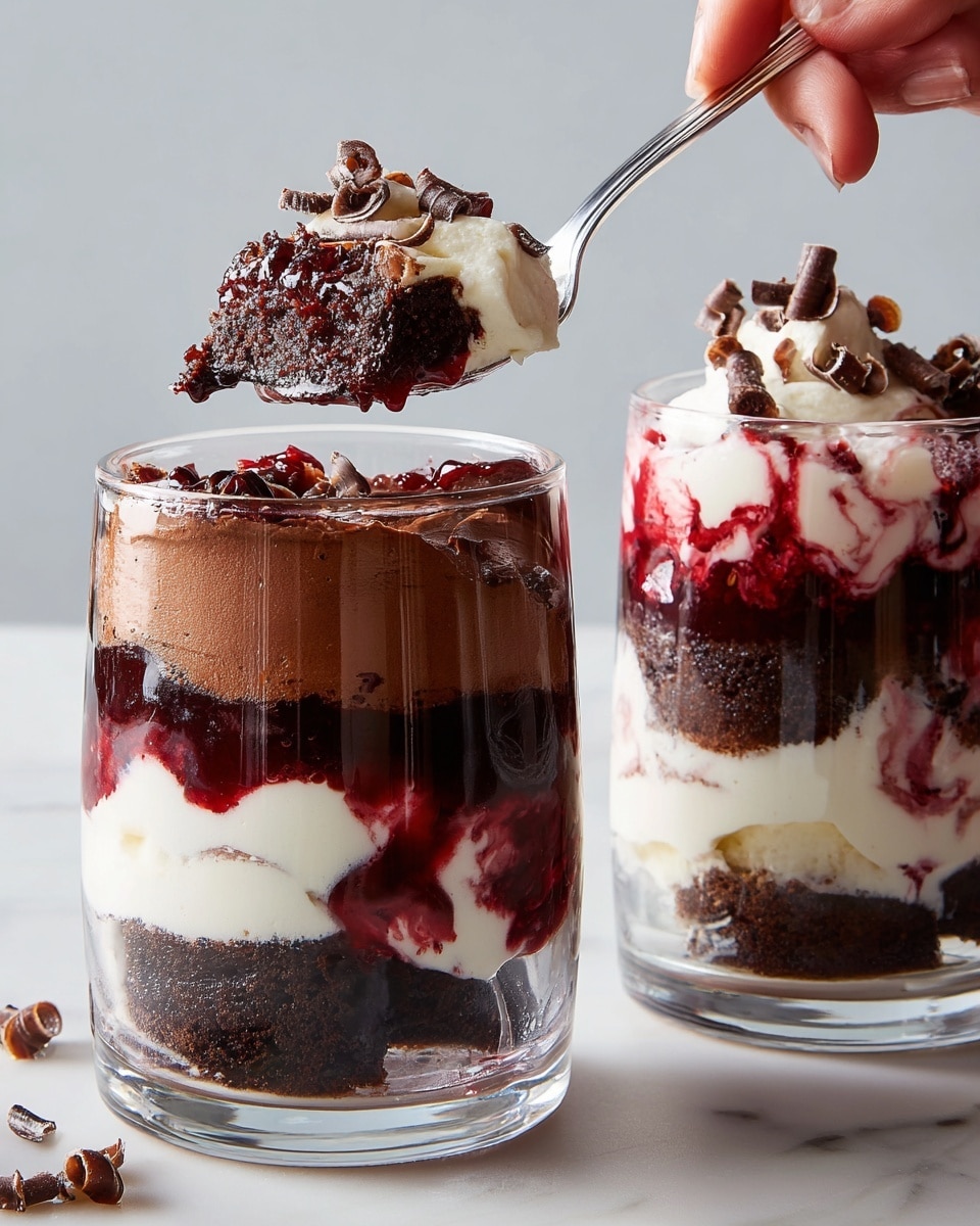 A clear glass cup holds a rich dessert with four visible layers. At the bottom is a dark, thick chocolate layer, followed by a smooth white cream layer that flows slightly into the dark chocolate. Above this is a deep red berry sauce, blending softly with the white cream. The top layer is fluffy white cream, decorated with small, curled pieces of chocolate scattered around. A silver spoon lifts a mix of the chocolate, cream, and red berry sauce from the dessert. The cup sits on a white marbled surface. Photo taken with an iphone --ar 4:5 --v 7