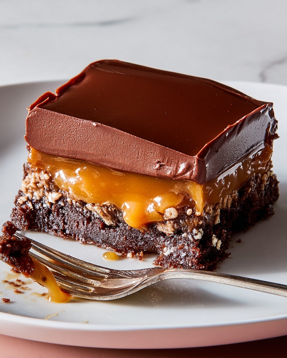 A square piece of dessert with three layers sits on a white plate on a white marbled surface. The bottom layer is dark brown and crumbly like a cookie crust. The middle layer is thick, sticky caramel, showing some melting and dripping over the crust. The top layer is smooth, glossy dark chocolate ganache with a slight bite taken out from one side, revealing the caramel underneath. Near the dessert is a silver fork with some caramel and chocolate on its prongs, and a few small crumbs scattered around. Photo taken with an iphone --ar 4:5 --v 7