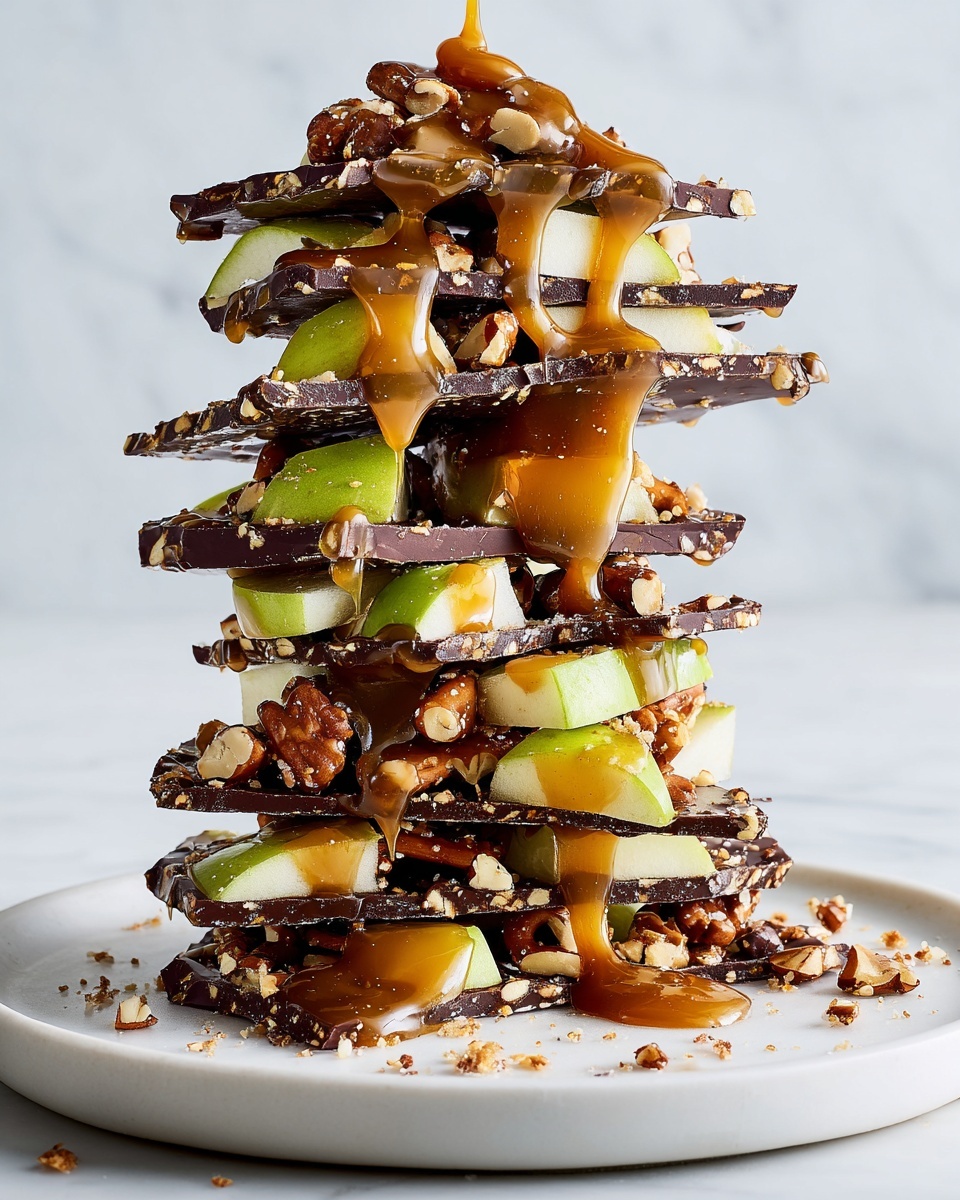 A tall stack of six uneven layers of dark chocolate bark with visible white nut pieces and broken pretzels, layered with chunks of light green apple between them. Thick golden caramel sauce is being poured over the top, dripping down the sides in thick strands. The stack sits on a white plate with a white marbled surface background, with a few pretzel pieces scattered around the base. Photo taken with an iphone --ar 4:5 --v 7
