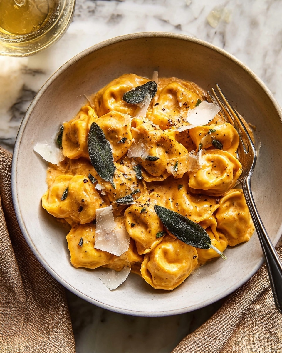 A white speckled bowl filled with a single layer of orange pasta pieces coated in a thick creamy sauce. The pasta looks soft and each piece has visible folds with a smooth texture. On top are several crisp green sage leaves and scattered thin, pale yellow cheese shavings. A silver fork is resting inside the bowl, with its tip touching one piece of pasta. The setting is on a white marbled surface with a glass of light-colored drink and a textured cloth nearby. photo taken with an iphone --ar 4:5 --v 7